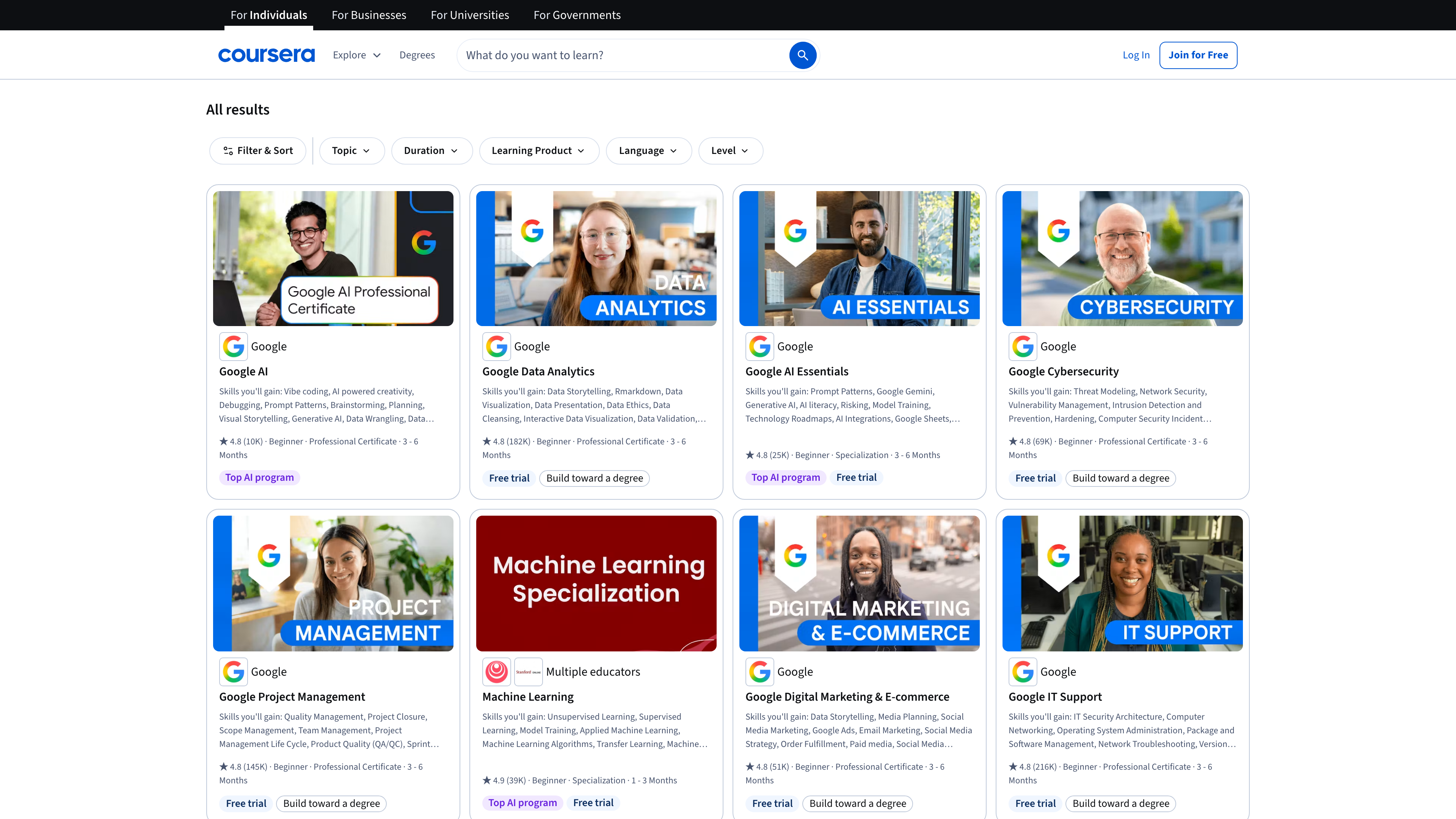 The Coursera course catalog, filterable by topic, duration, language and level