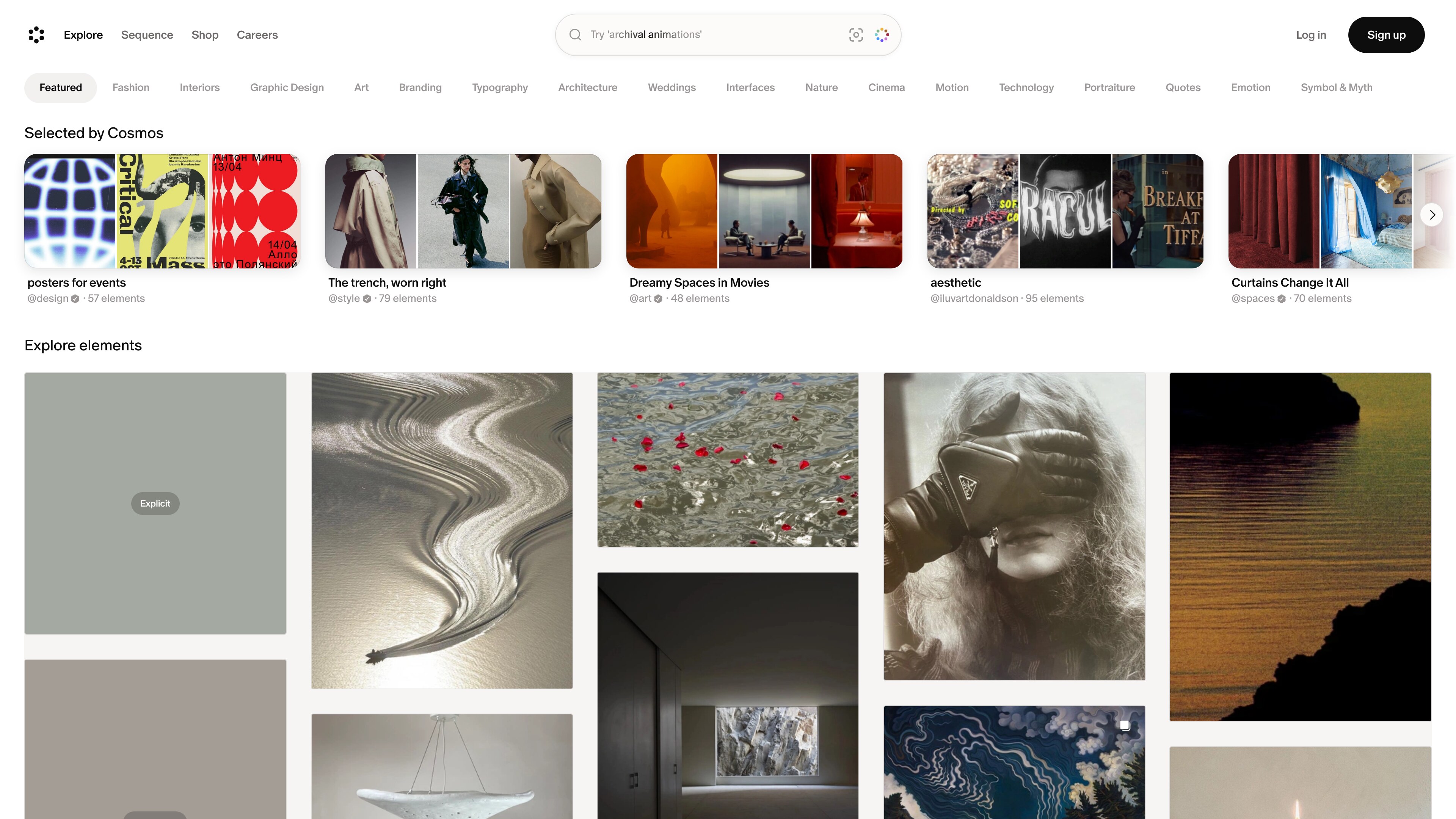 The Cosmos Explore page: category chips (Fashion, Interiors, Graphic Design…), a “Selected by Cosmos” rail of curated collections, and a masonry grid of images below