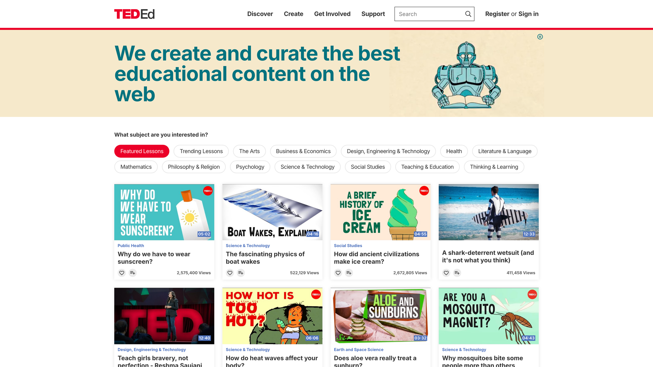 The TED-Ed homepage: animated lesson cards organized by subject