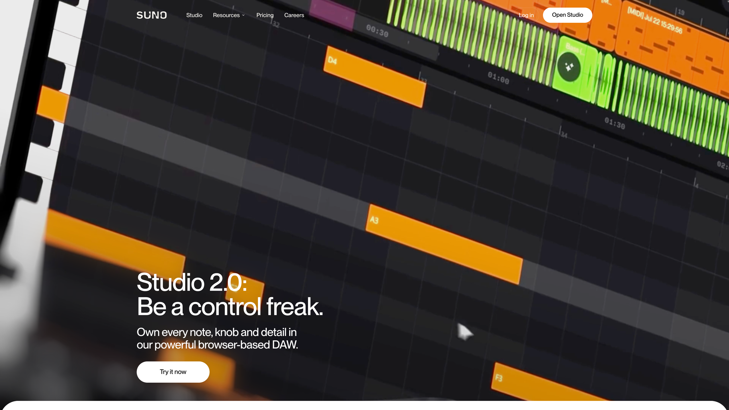 The Suno Studio product page: the Studio 2.0 tagline “Be a control freak” over a multitrack timeline