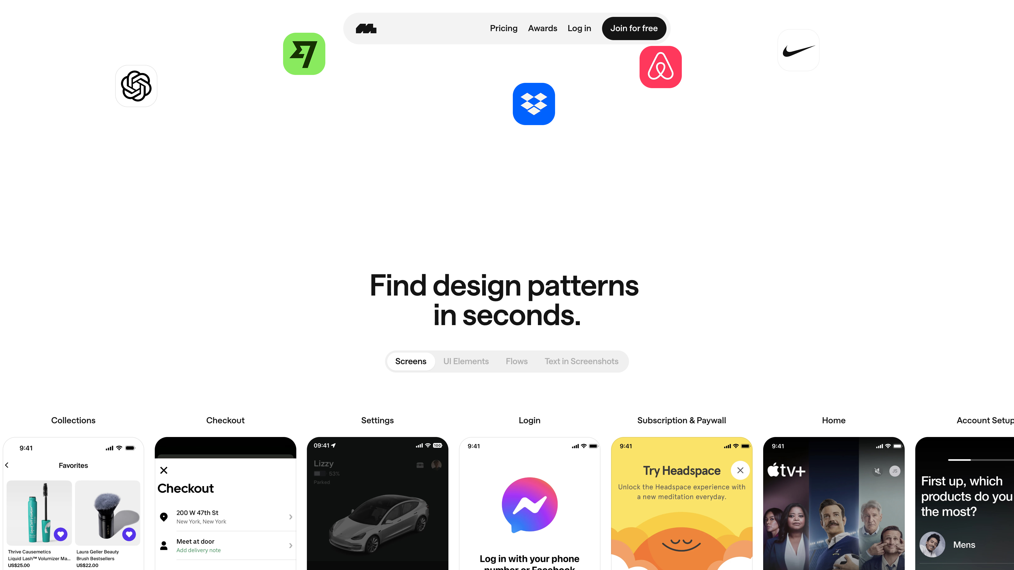 The "Find design patterns in seconds" section of the Mobbin homepage: four search dimensions (Screens, UI Elements, Flows, Text in Screenshots) above a horizontal strip of real app screens filed under patterns like Collections, Checkout, Settings, Login, and Subscription & Paywall