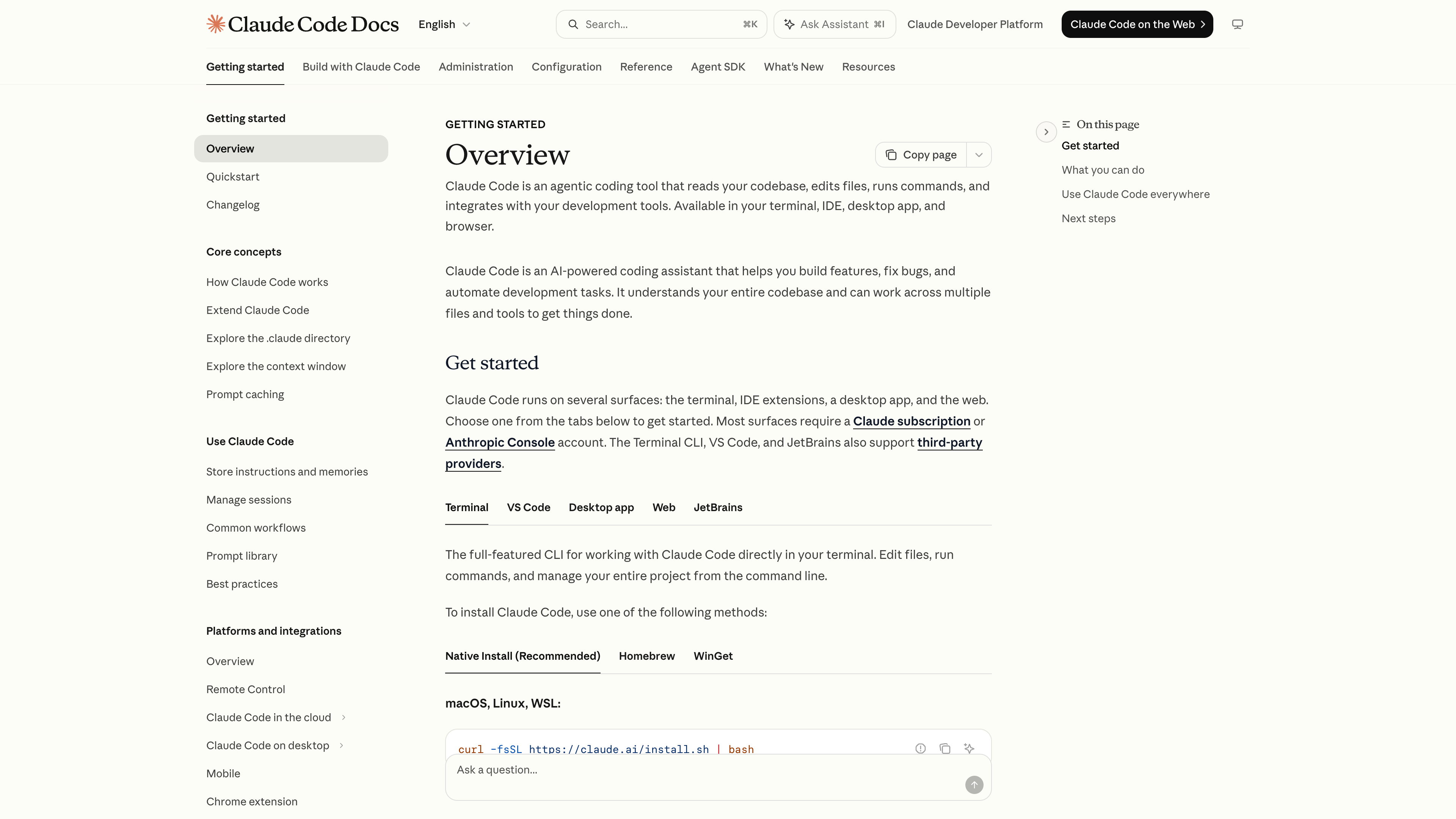 Claude Code documentation: install and usage across terminal, VS Code, desktop app, and web