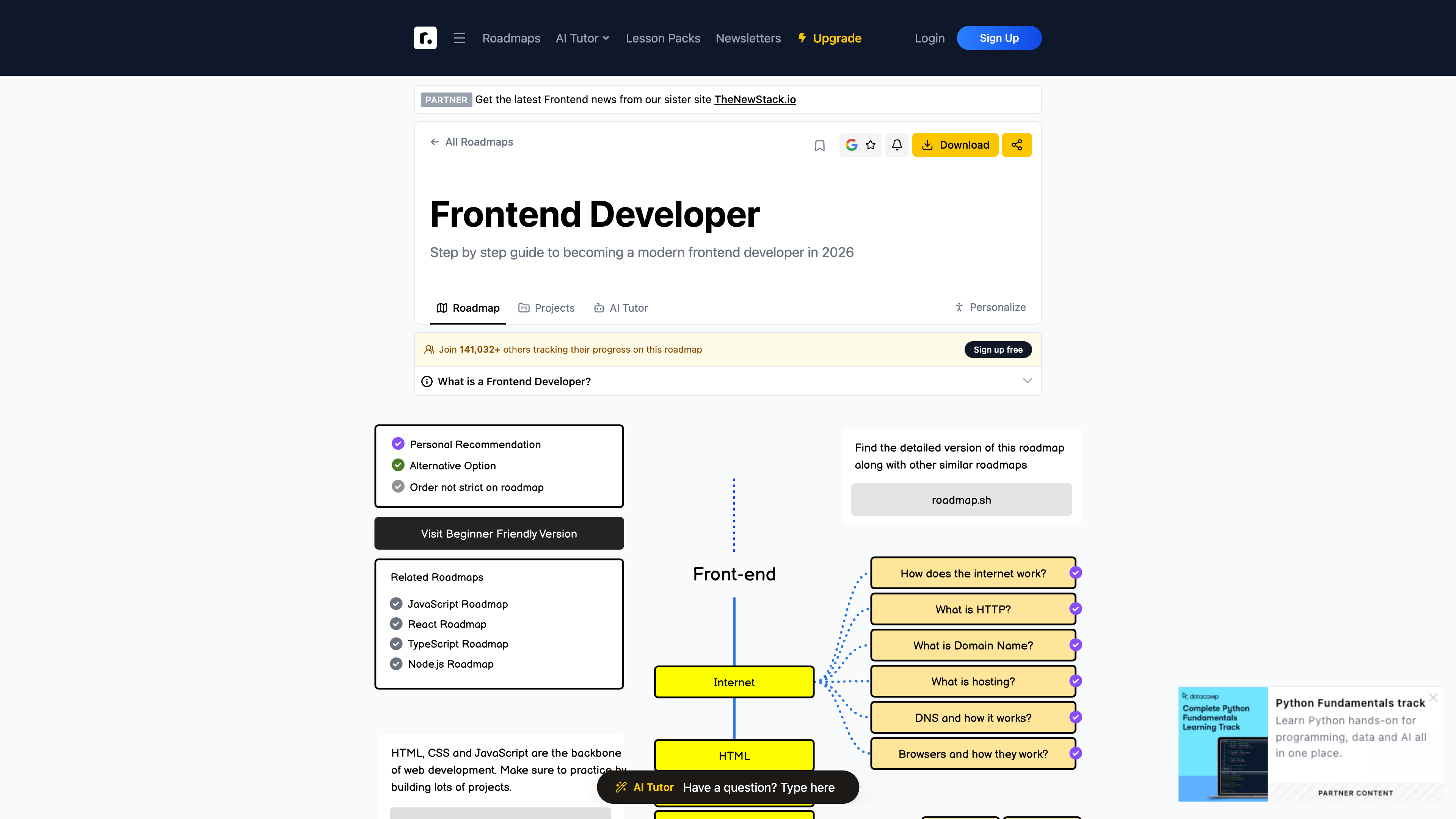 The Frontend roadmap page: a clickable skill tree with a legend and related roadmaps on the left, nodes colored by recommendation level