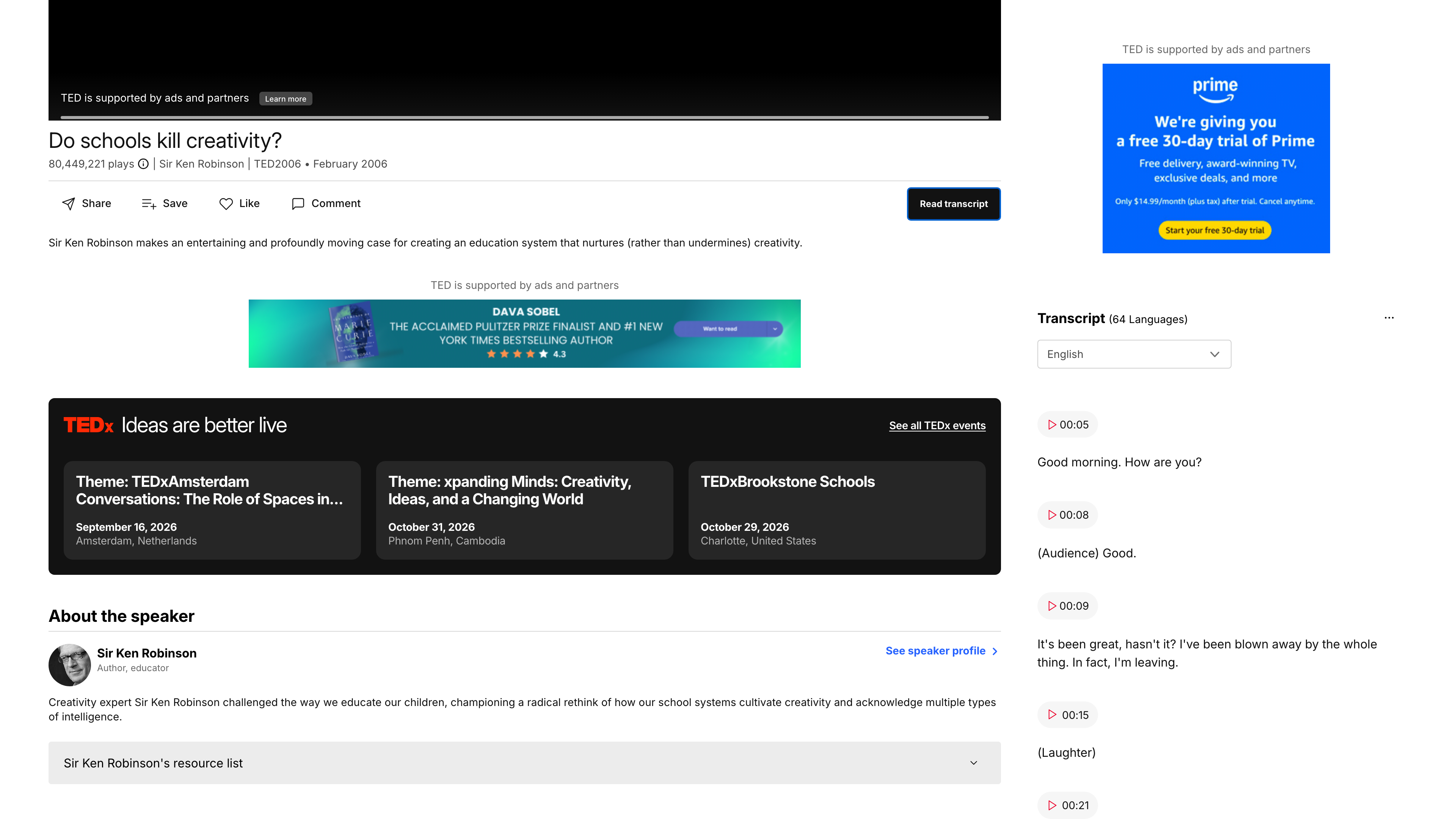 The talk page for "Do schools kill creativity?": play count, speaker info, and the interactive transcript in 64 languages