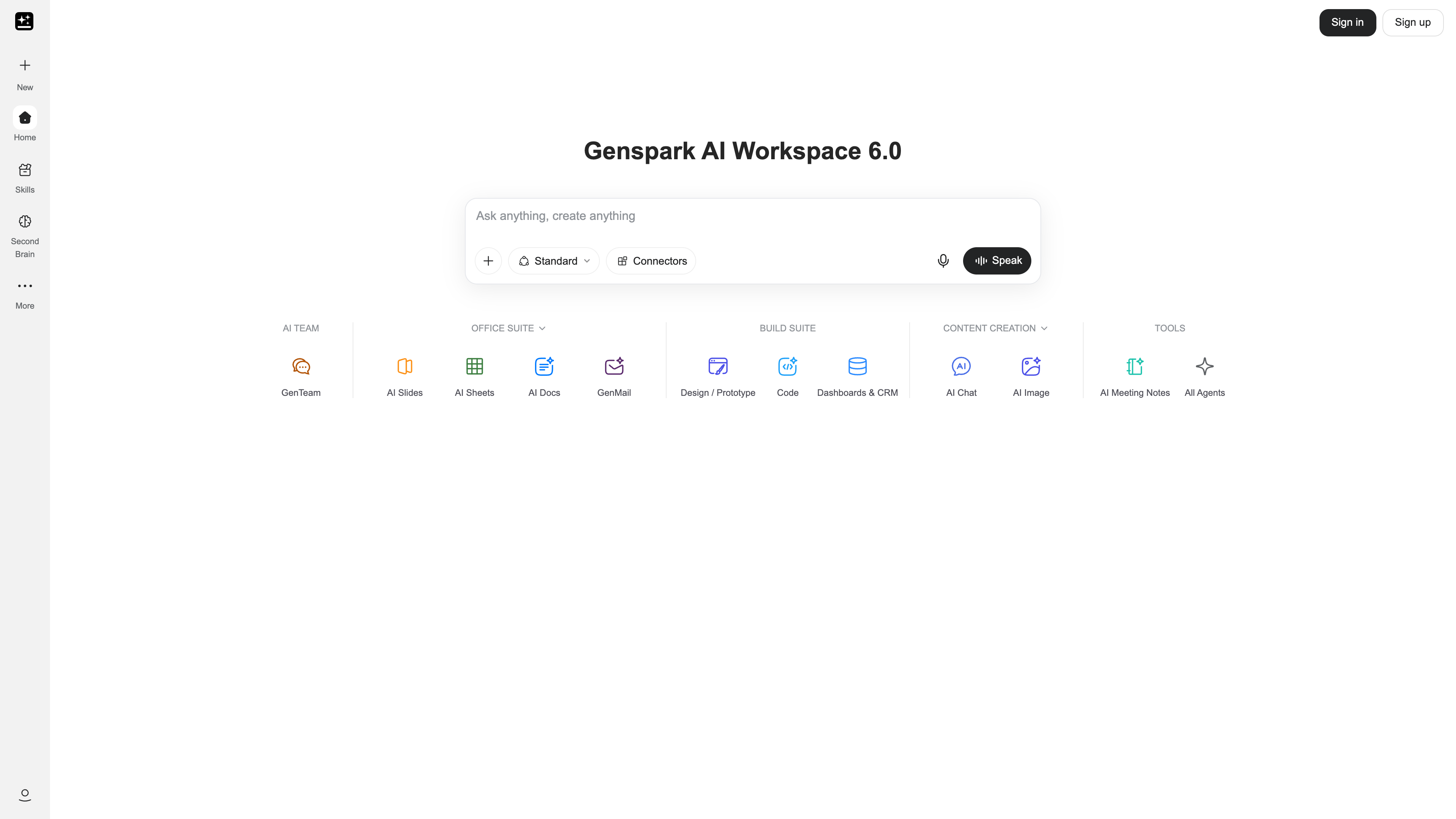 The Genspark homepage: "Genspark AI Workspace 6.0" with an "Ask anything, create anything" prompt box