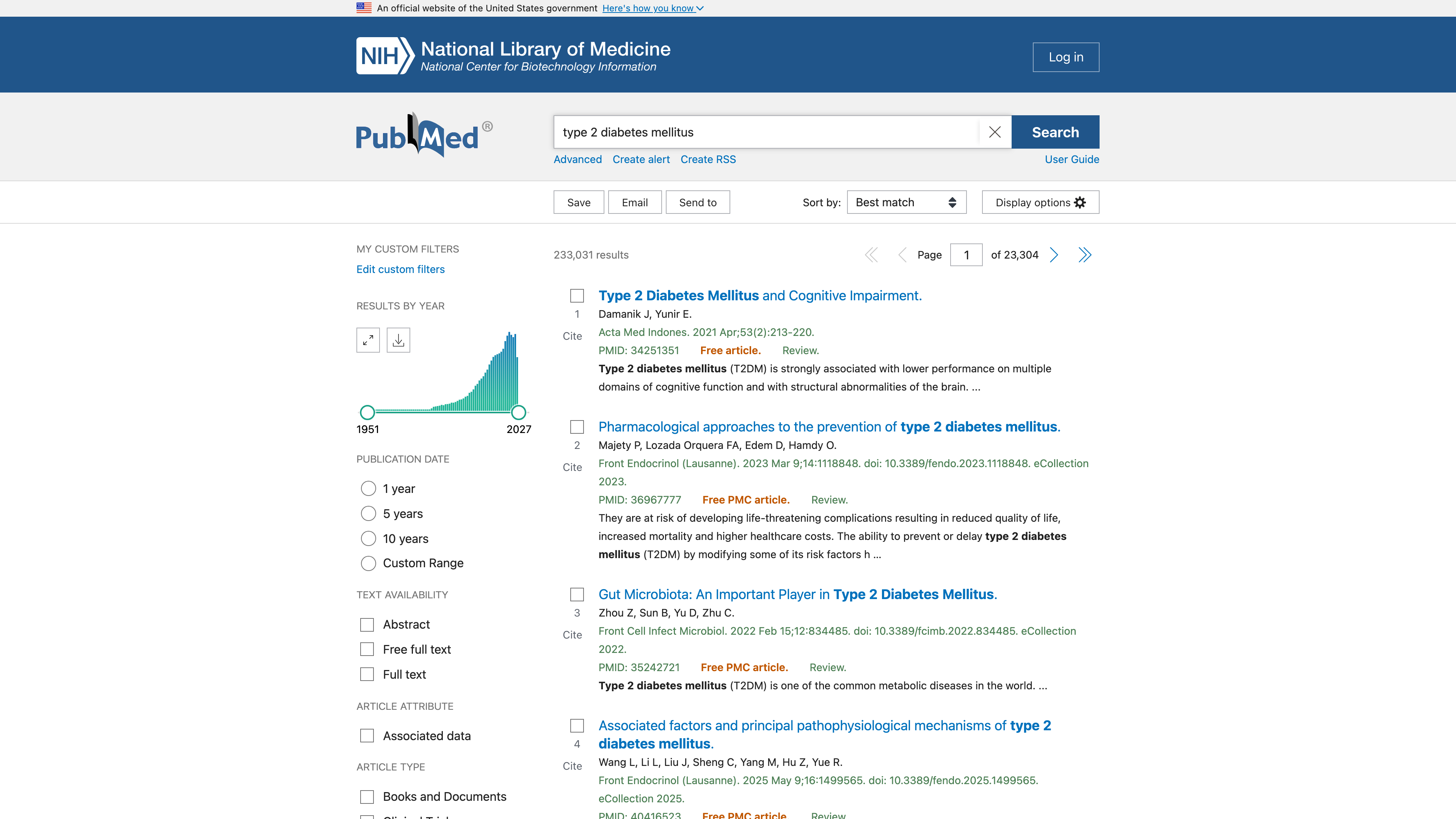 Search results page: a results-by-year slider and filters on the left, results with PMIDs and free-full-text labels on the right