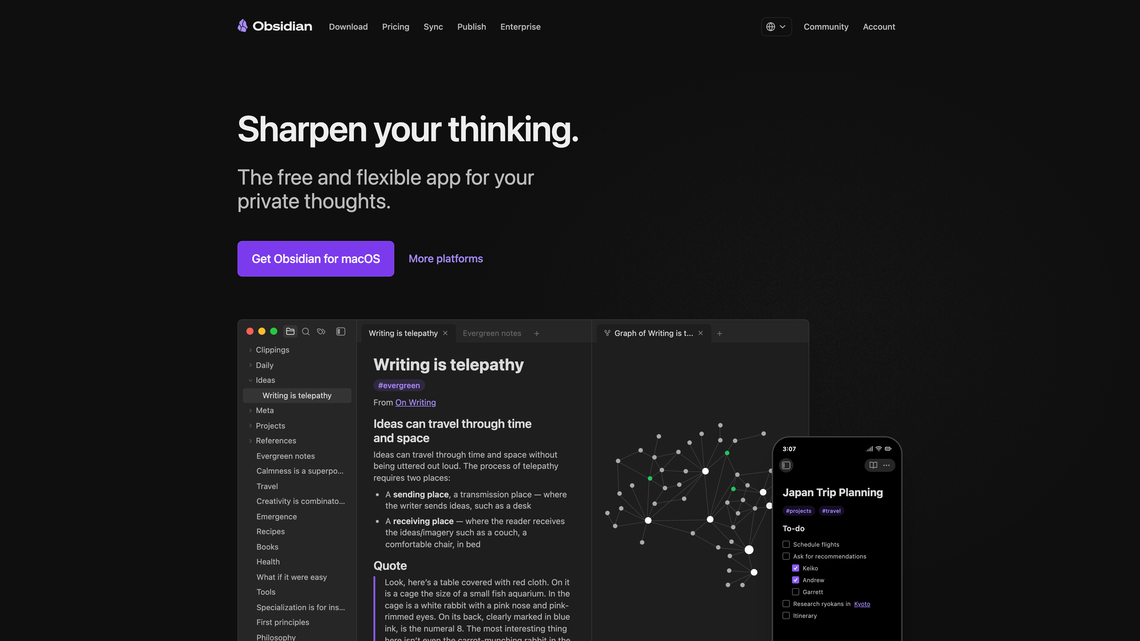 The Obsidian homepage: the hero reads "Sharpen your thinking," above a screenshot of the desktop app (file list, note, and graph view) and the mobile app