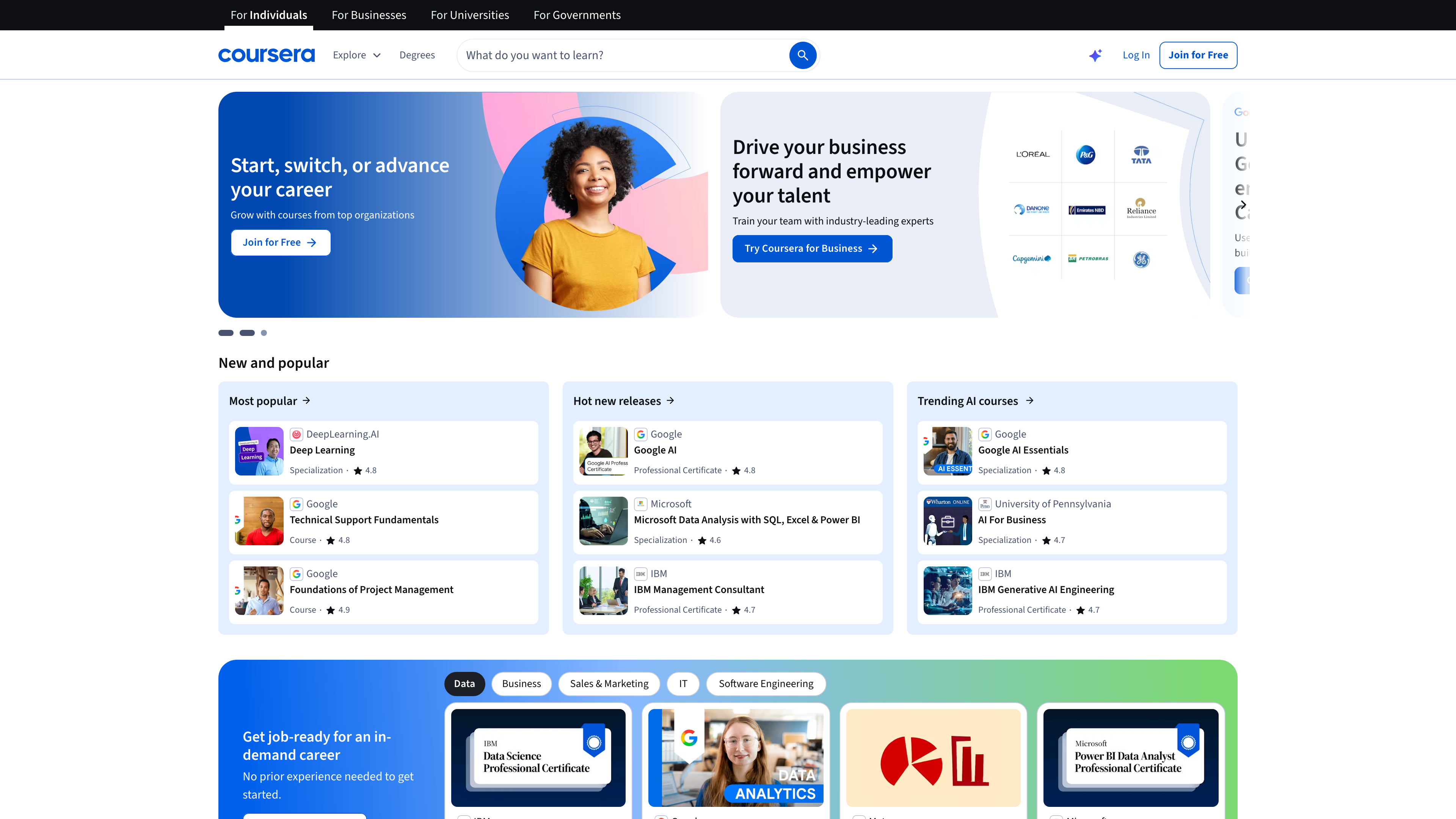 The Coursera homepage: career-oriented hero slots and popular courses