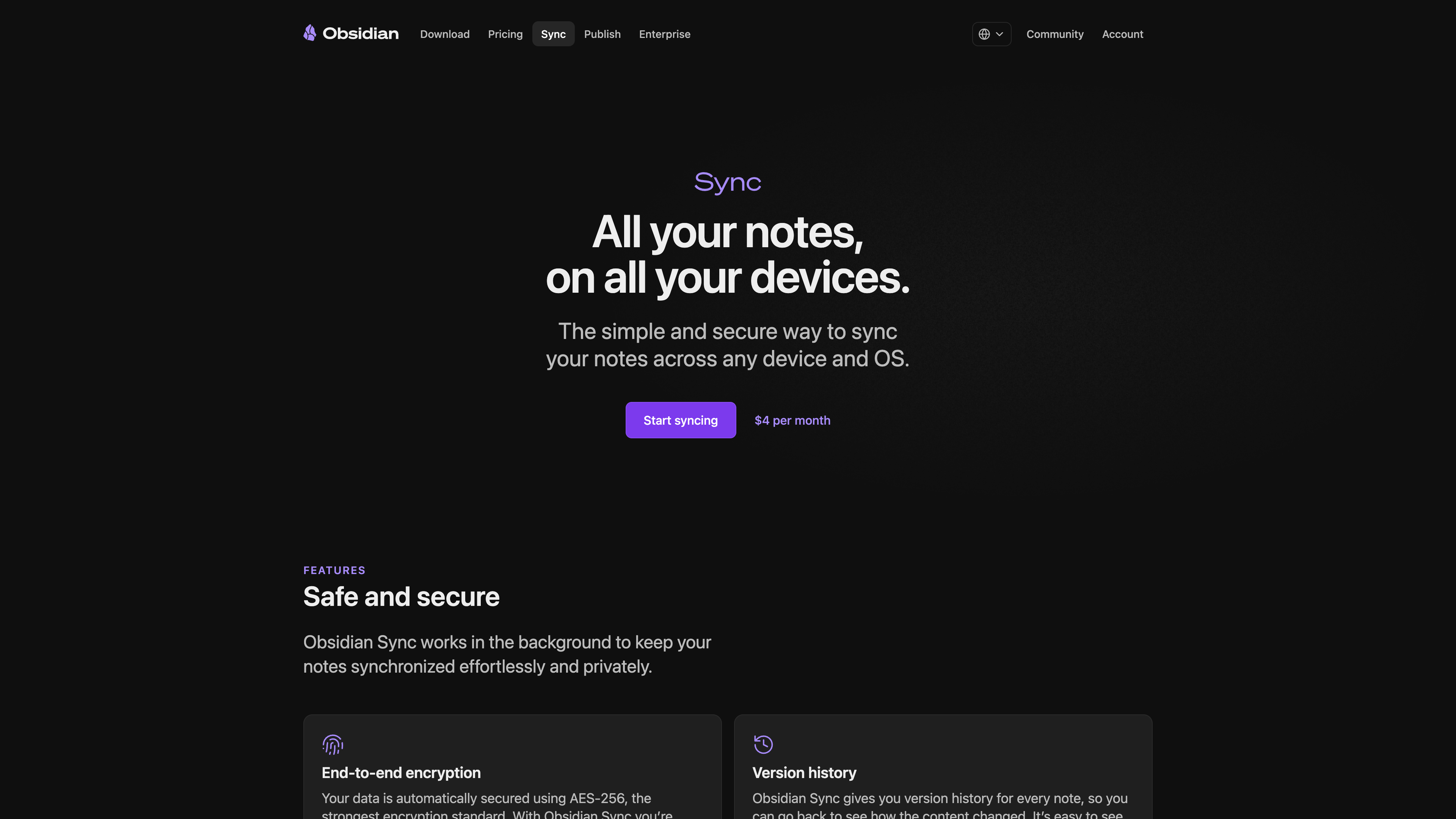The Obsidian Sync page: end-to-end encryption, version history, and cross-platform sync, priced from $4 per user per month