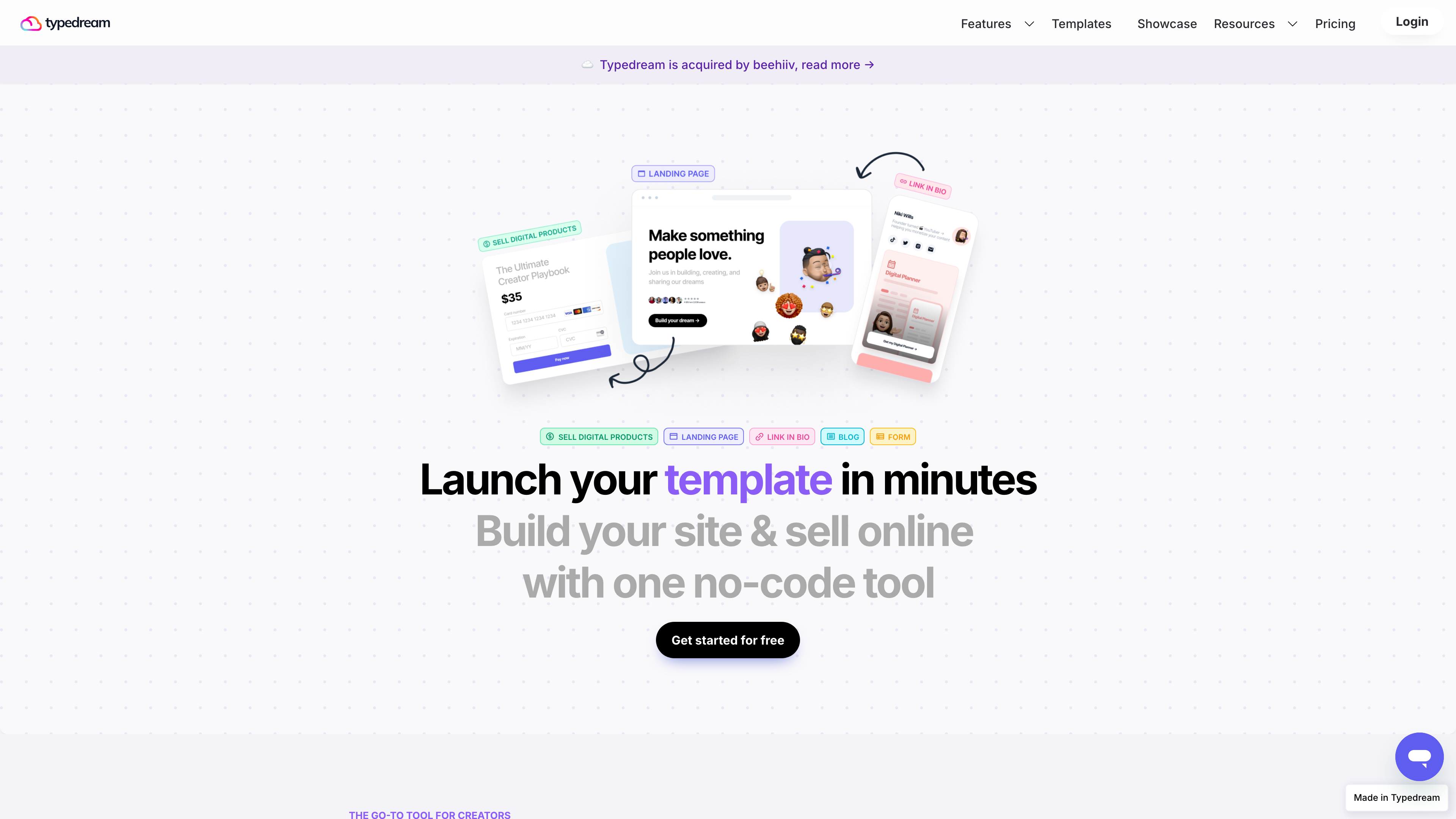 Typedream homepage: the beehiiv acquisition banner on top, with landing page, digital product and link-in-bio mockups
