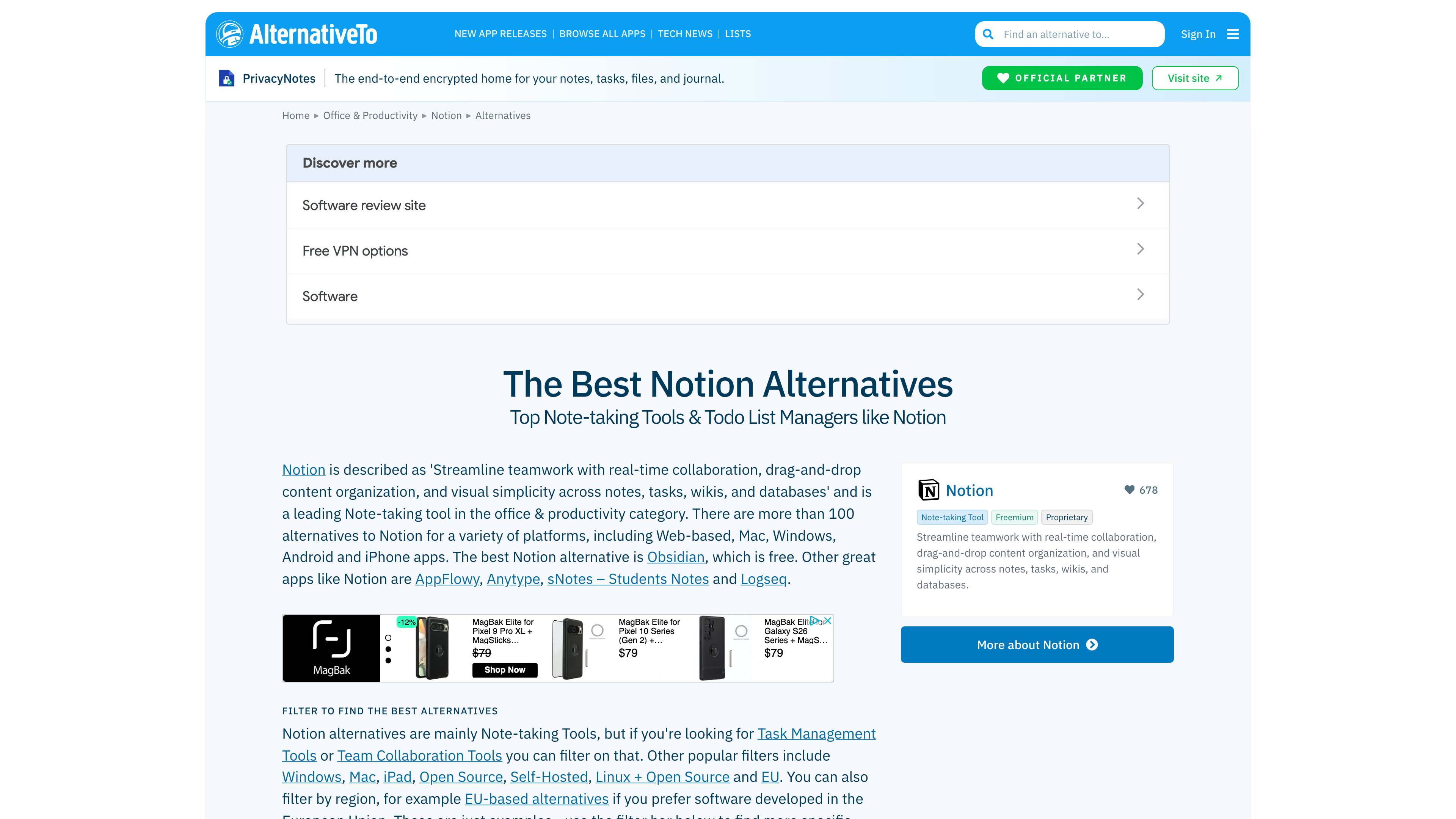 The Notion alternatives page: auto-generated summary, info card, and the filter explainer