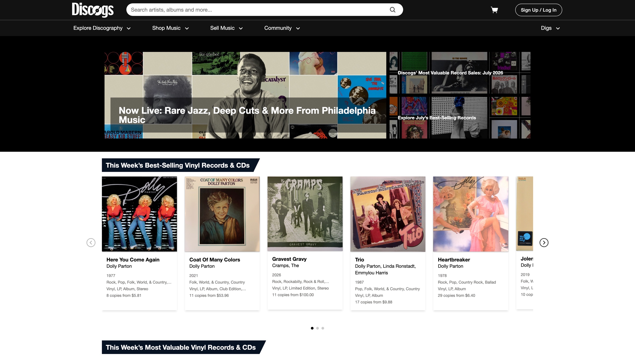 The Discogs homepage: a record search bar and navigation up top, with the week's best-selling vinyl and CDs below