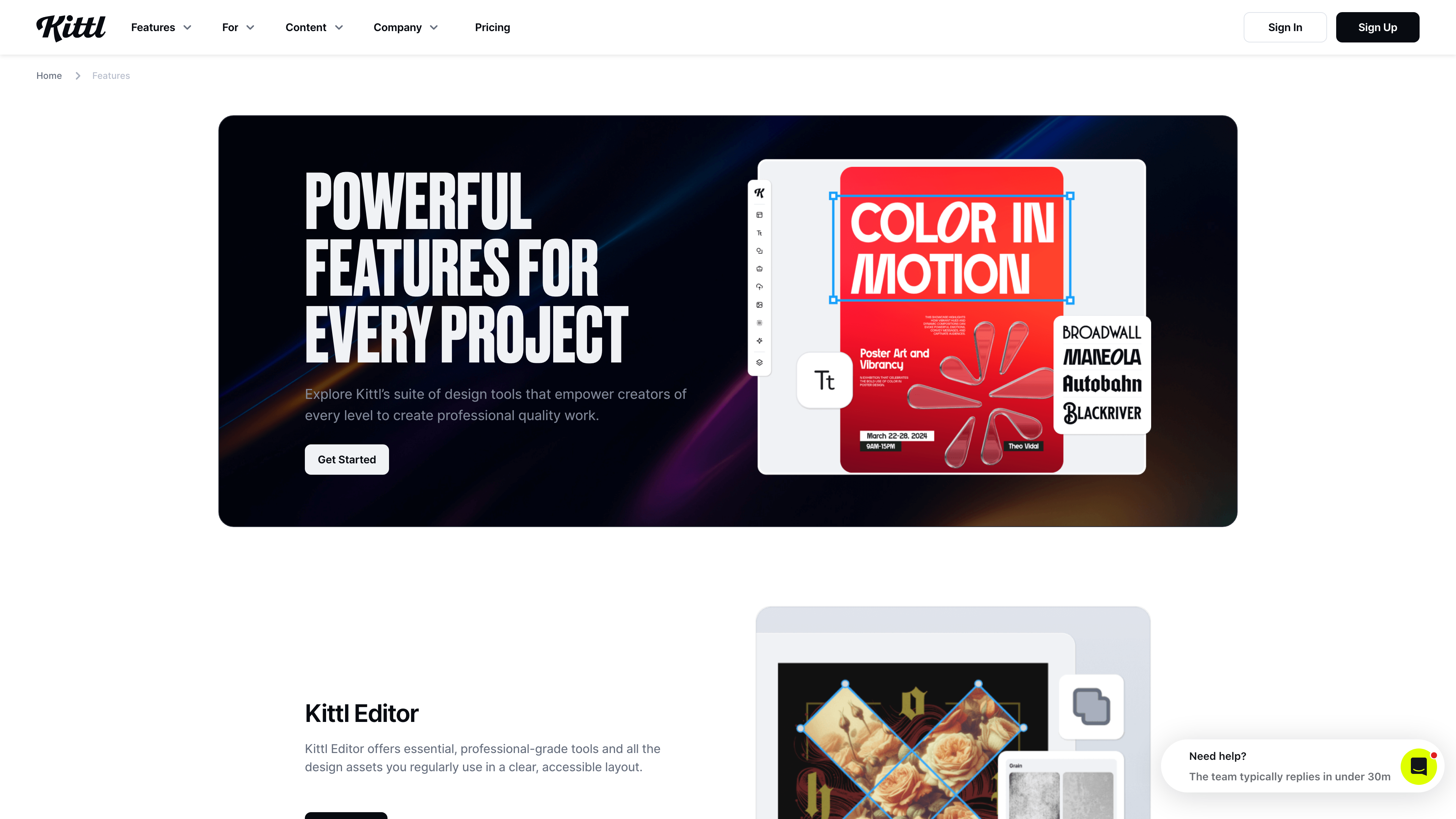 Kittl features page: an editor mockup showing poster text effects alongside the Kittl Editor introduction
