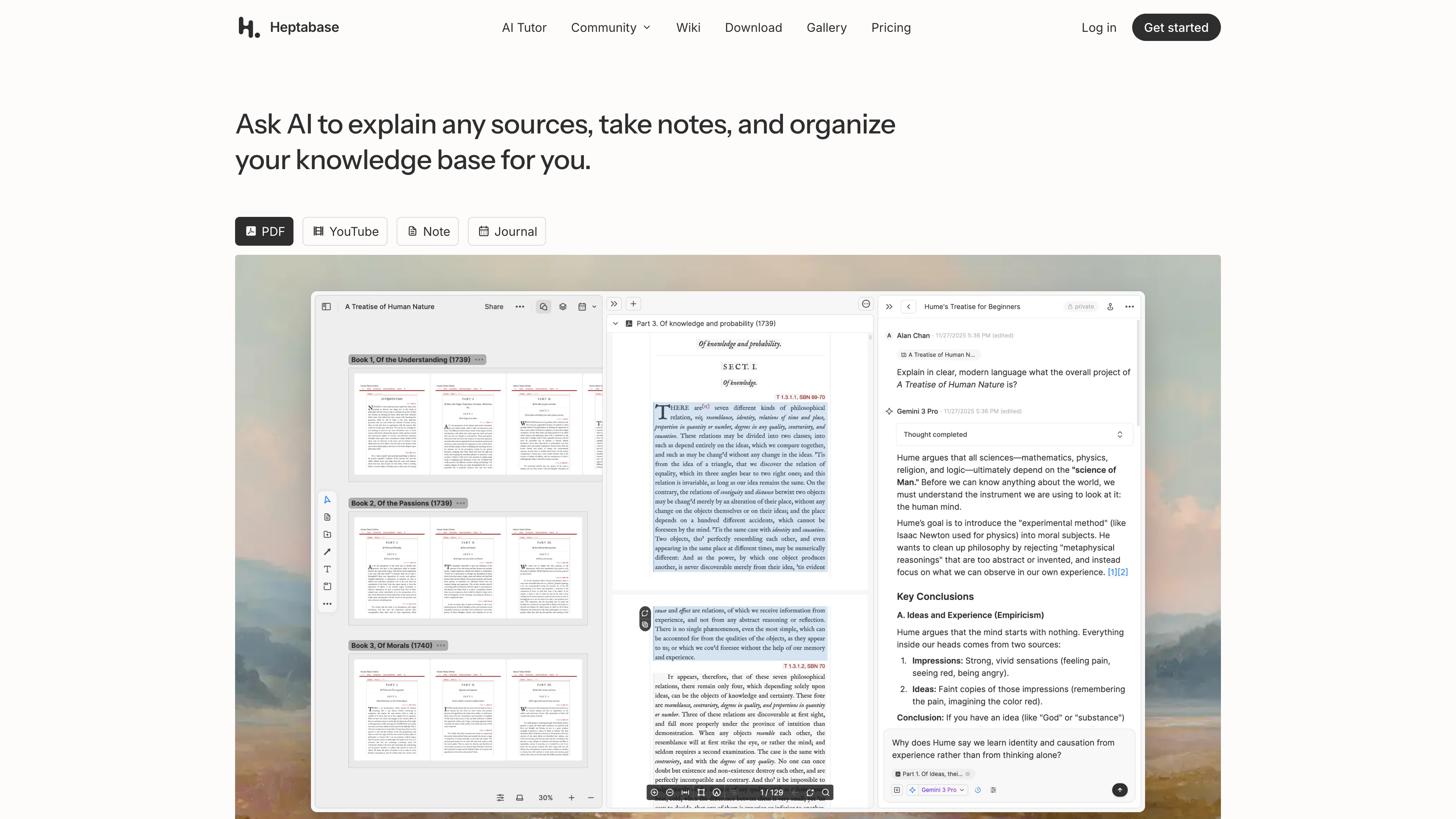 The AI section of the Heptabase homepage: ask AI to explain sources such as PDFs, YouTube videos, and notes, then organize the knowledge base