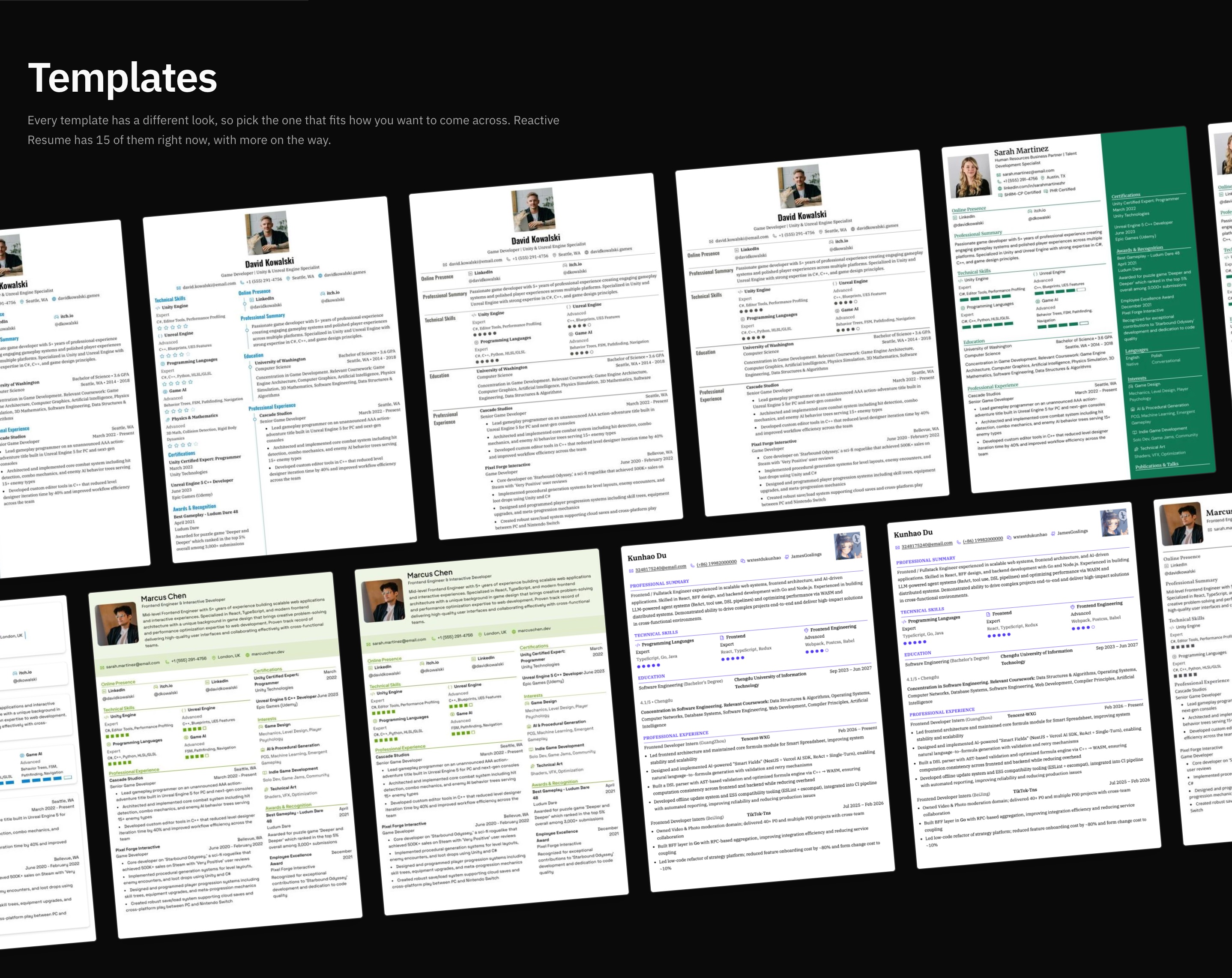 The template gallery on the homepage, showing several Pokémon-named resume templates