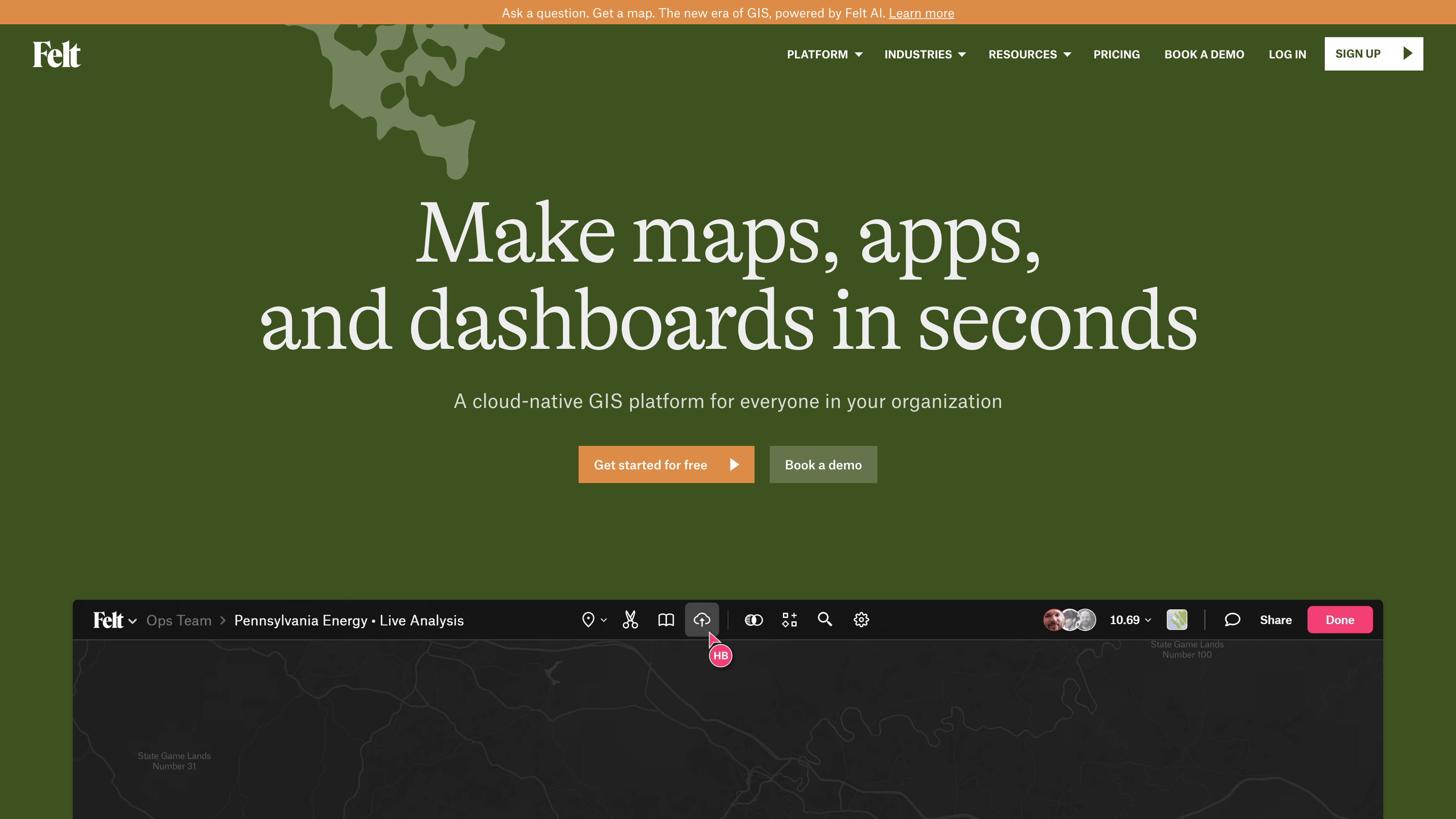 Felt homepage: the hero reads “Make maps, apps, and dashboards in seconds,” above a product view of a “Pennsylvania Energy · Live Analysis” map with collaborator avatars and a Share button