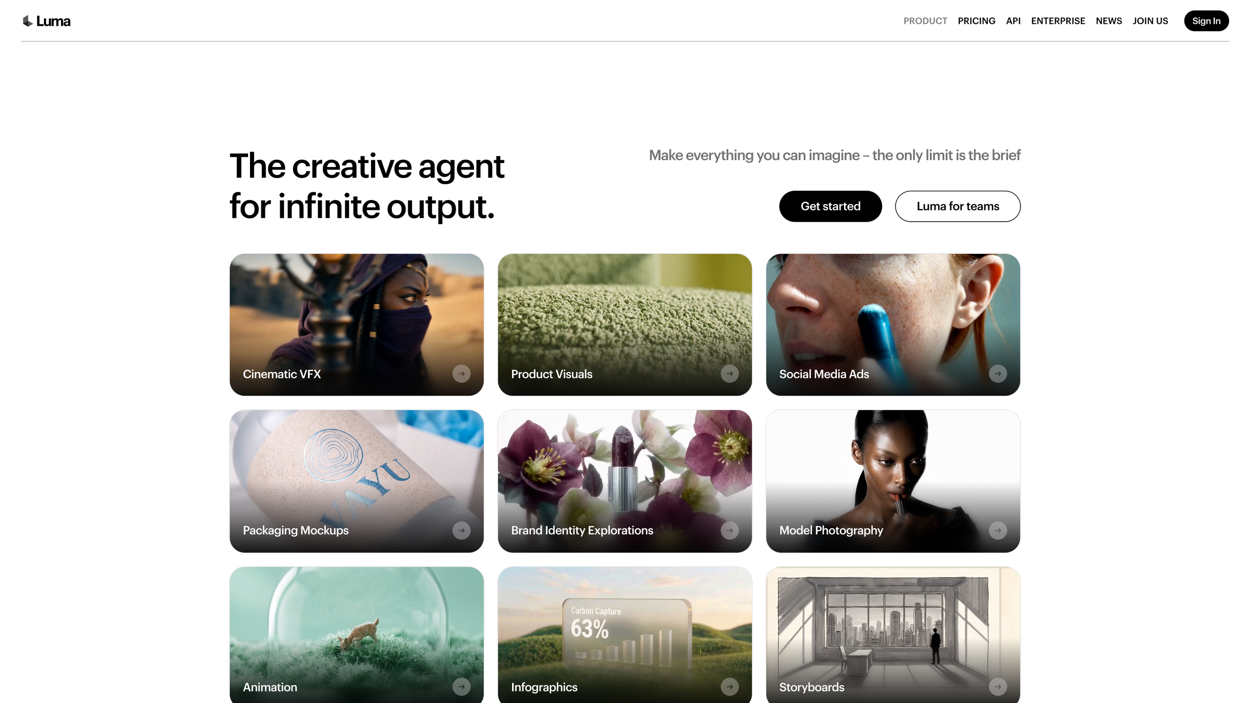 The Luma product page: a gallery of generation capabilities organized by use case — Cinematic VFX, Product Visuals, Social Media Ads, and more