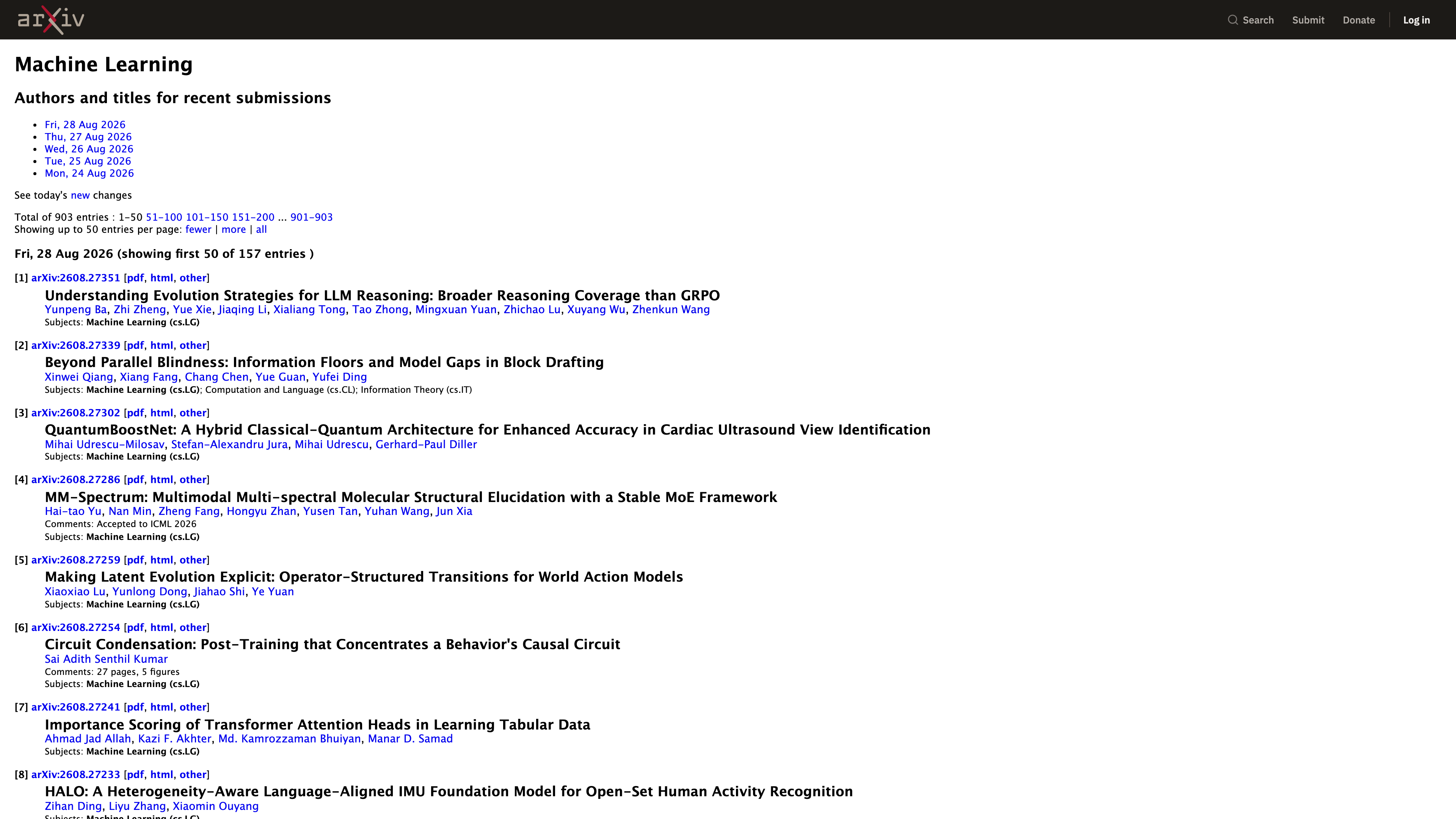 The recent-submissions listing for arXiv's machine learning category (cs.LG), grouped by day