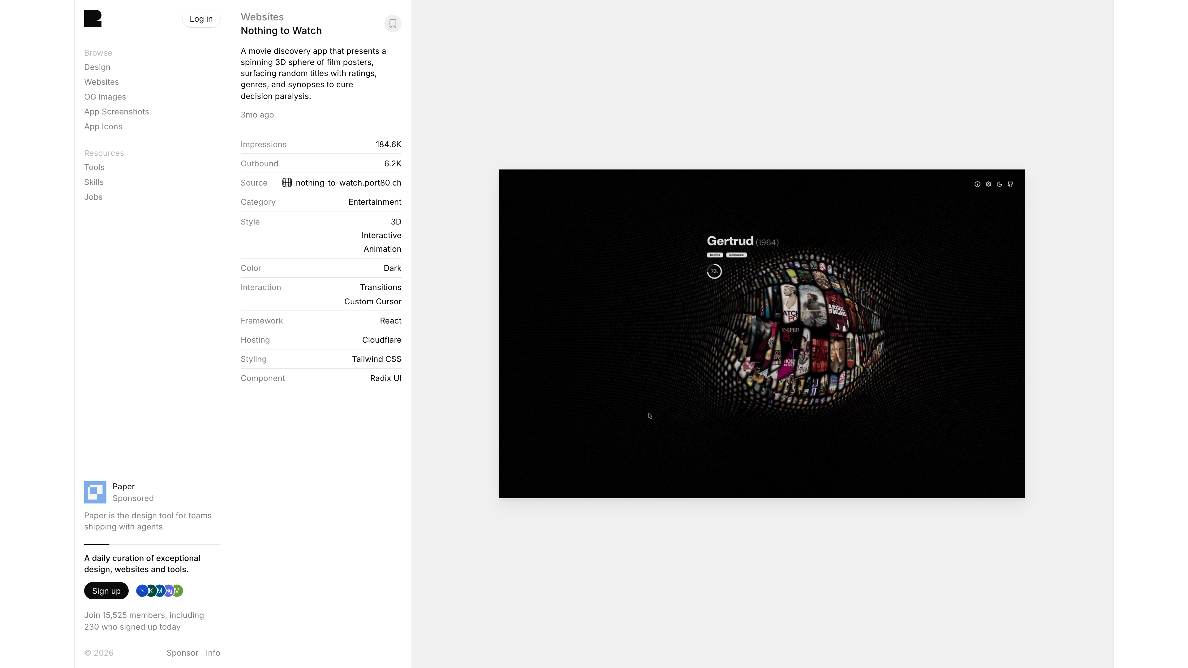 An entry detail page: description, traffic figures, and tech-stack annotations on the left, large preview on the right