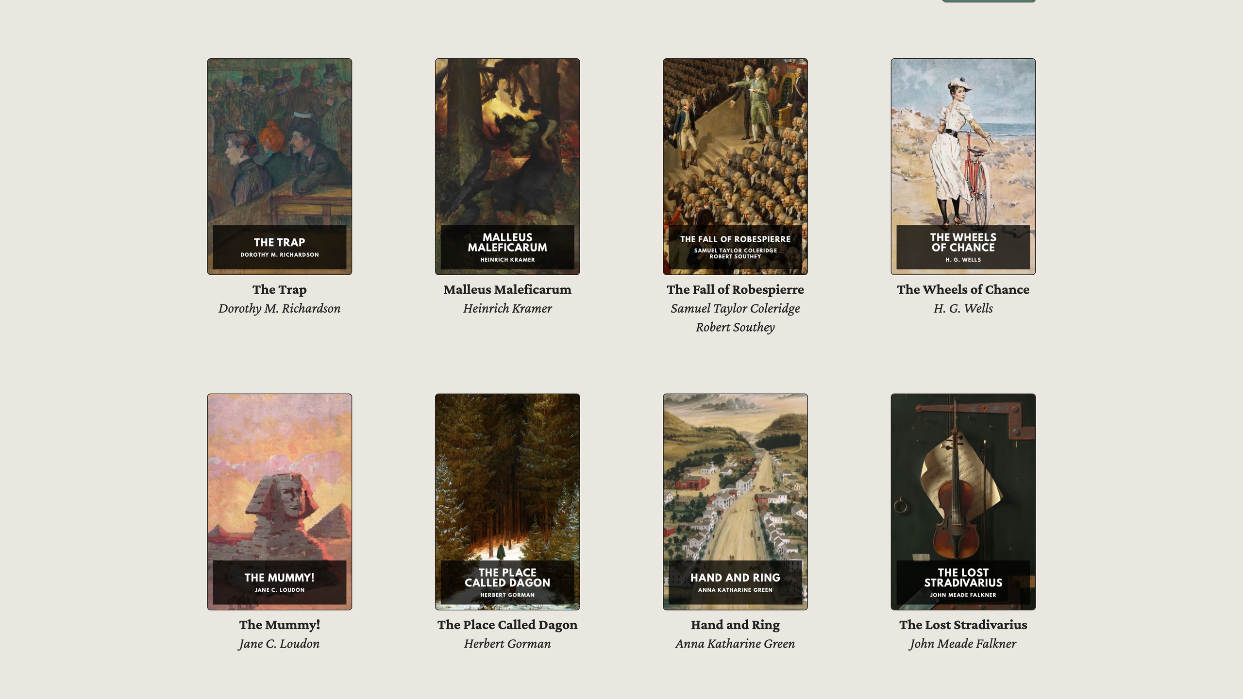 The browse page: a filterable grid of fine-art covers, with subjects, keyword search, and sorting