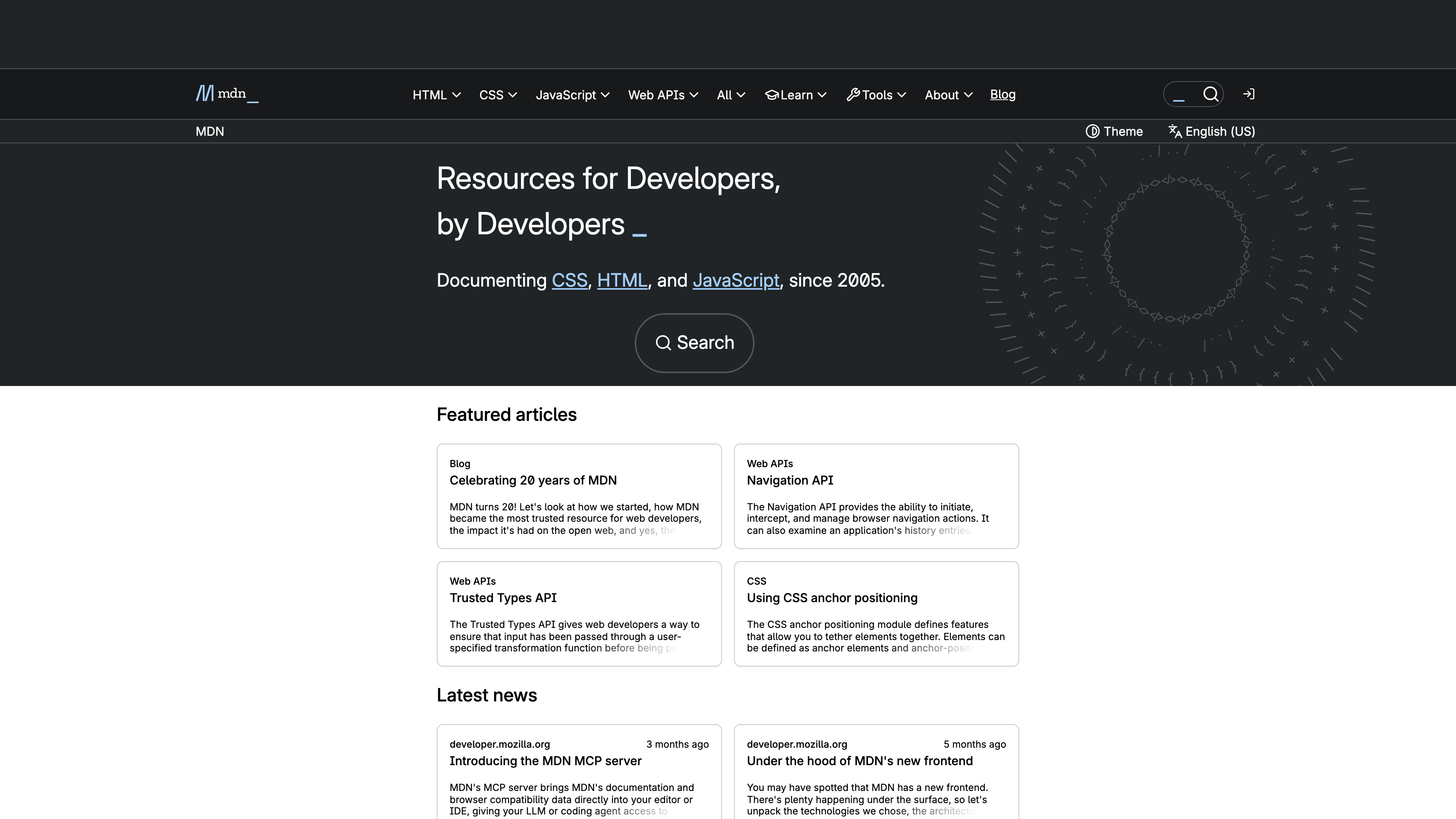 The MDN Web Docs homepage: "Resources for Developers, by Developers", documenting CSS, HTML, and JavaScript since 2005
