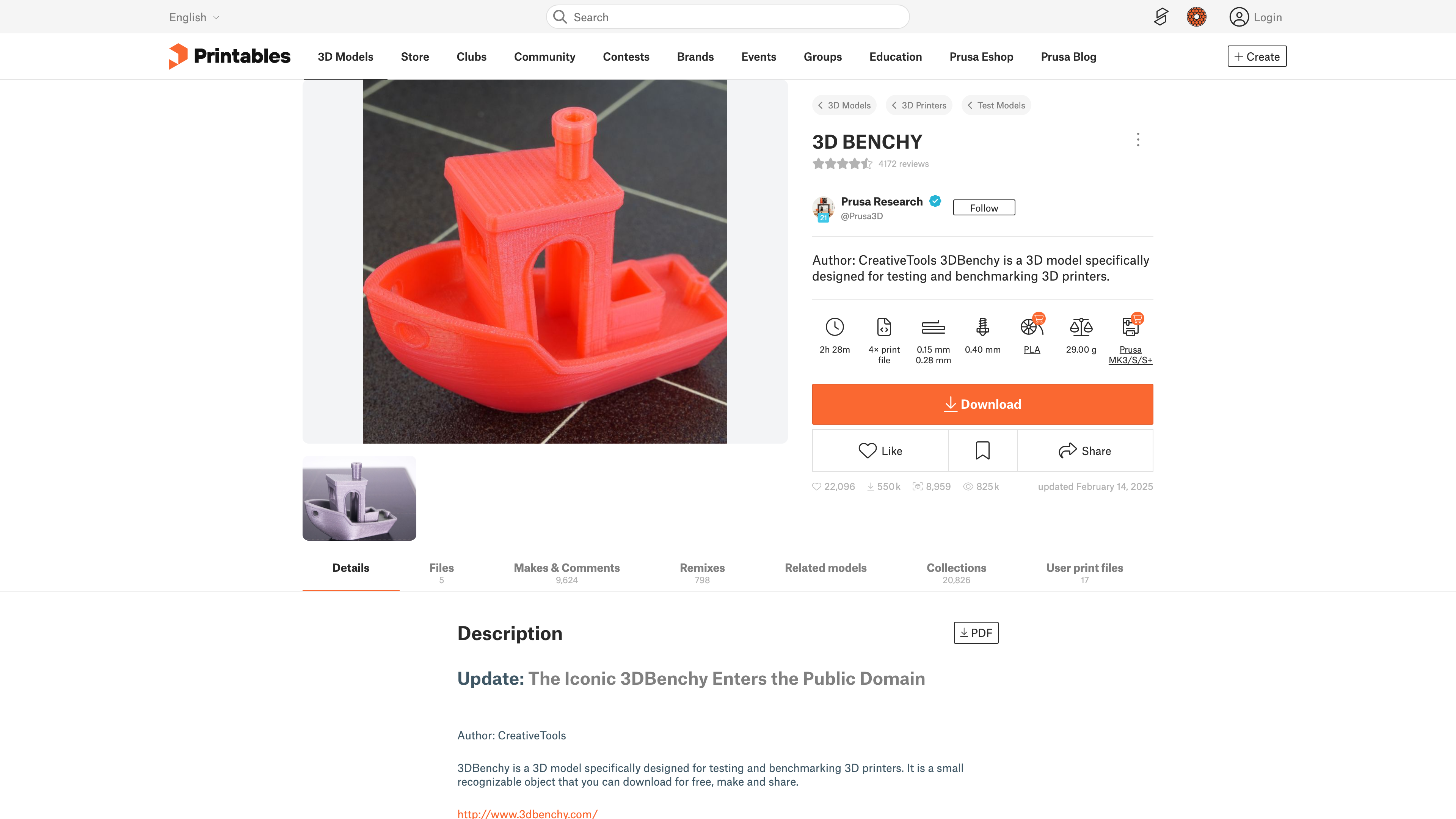 The 3D Benchy model page: print parameters, a Download button that needs no login, and tabs for Makes and Remixes