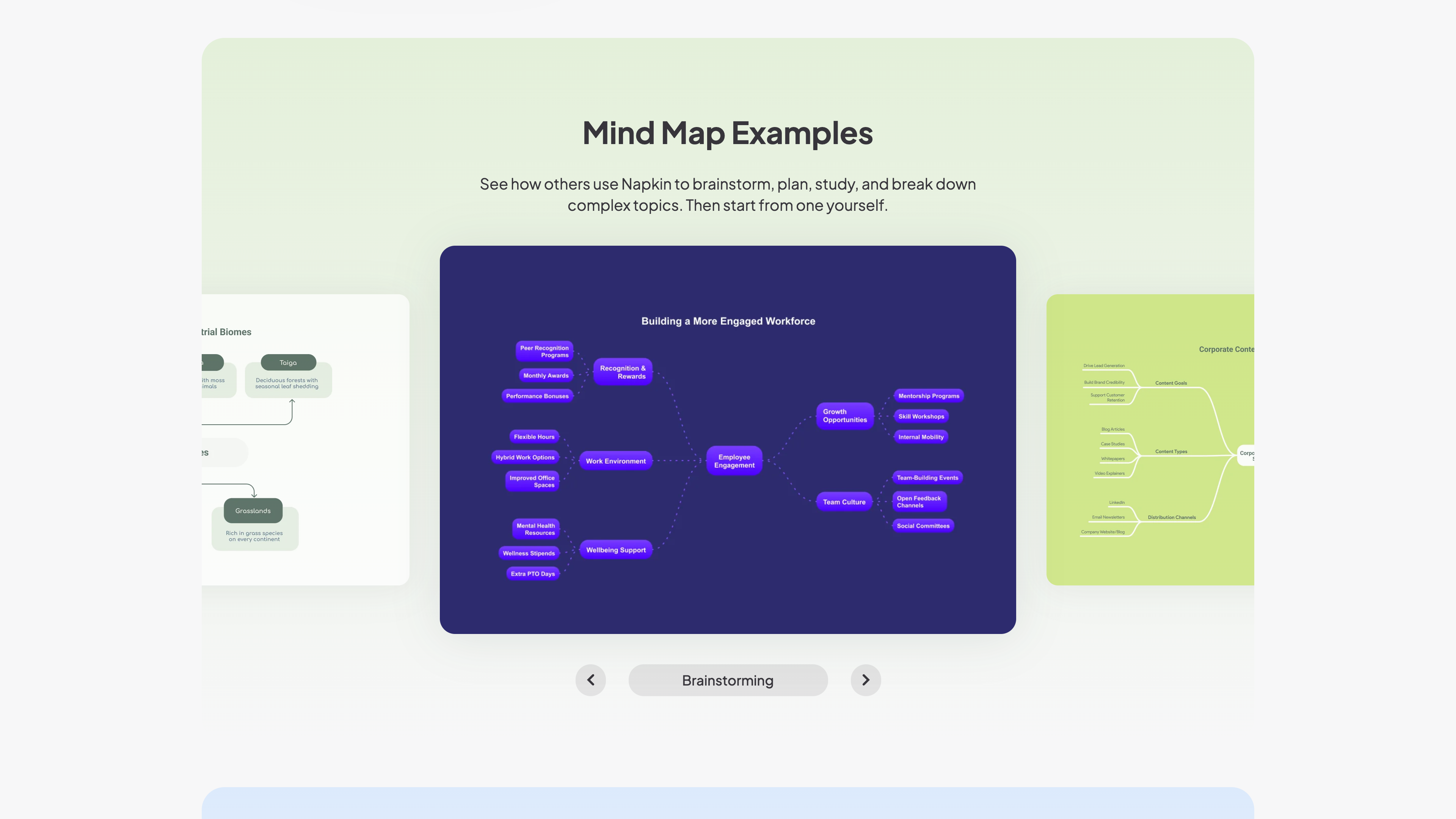 Napkin's mind map gallery on the official site: a dark-purple “Employee Engagement” mind map in the center with other styles on either side