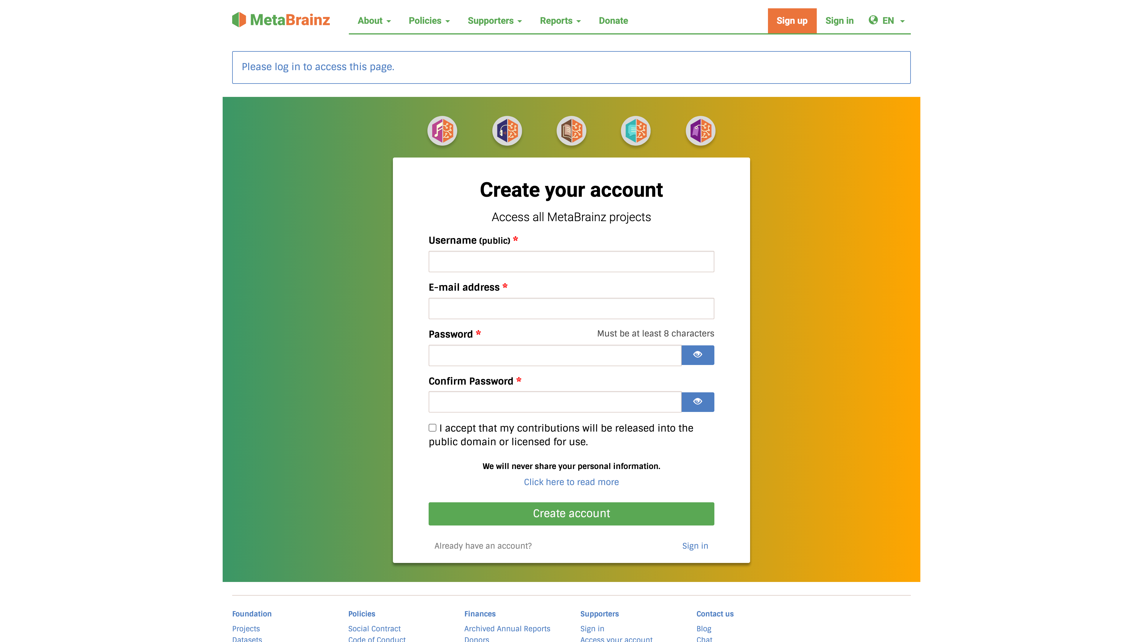 The unified MetaBrainz sign-up page: public username, email, password, and a checkbox agreeing that contributions enter the public domain or are licensed for use