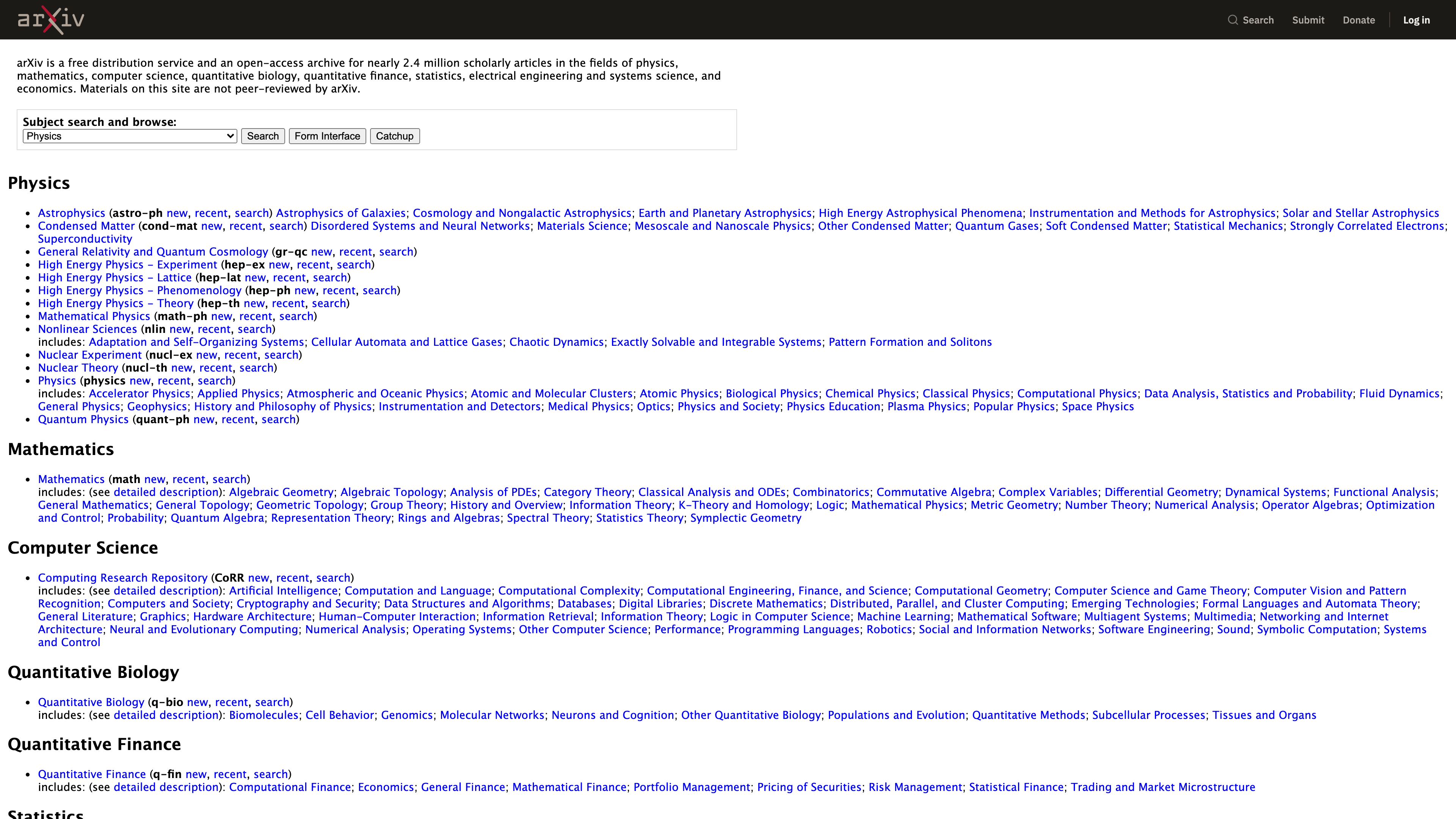 The arXiv homepage: a browse structure expanding from eight subject areas into hundreds of subcategories