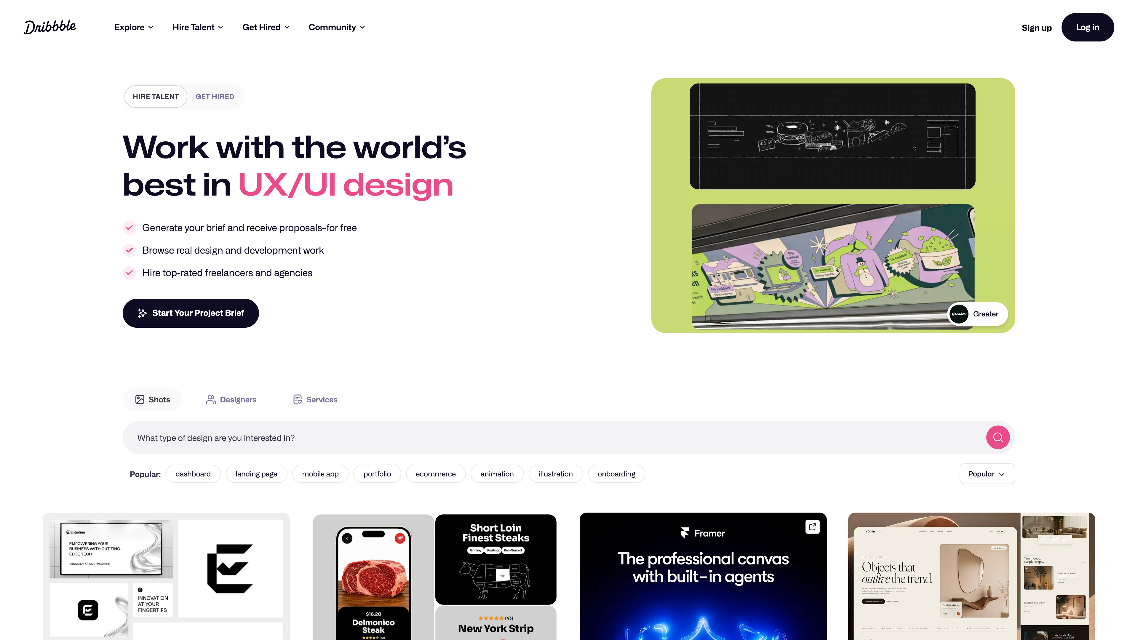 Dribbble homepage: search entry points, trending tags and the shot feed
