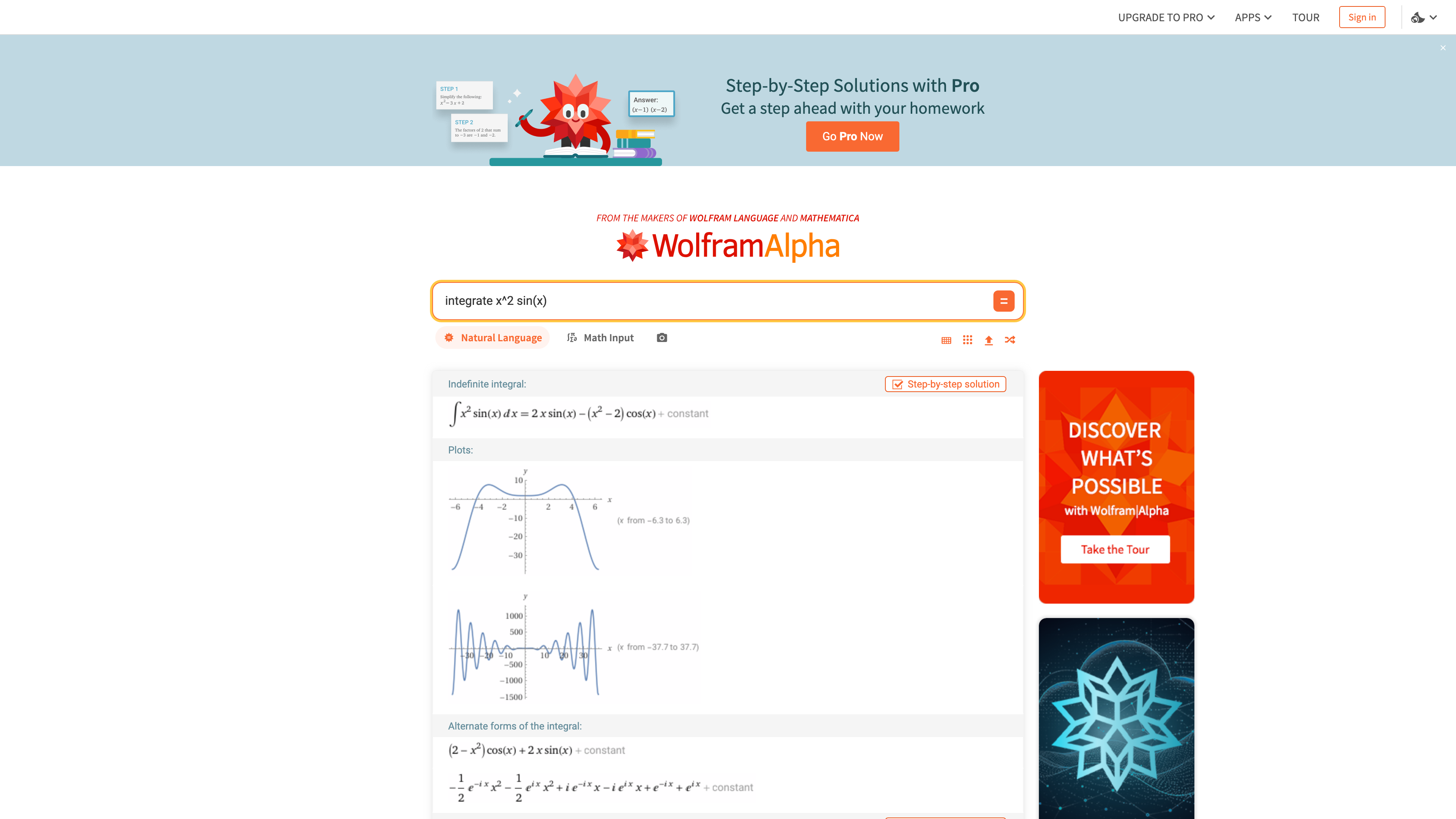 A Wolfram|Alpha result page for the indefinite integral of x²sin(x): the result, plots and alternate forms