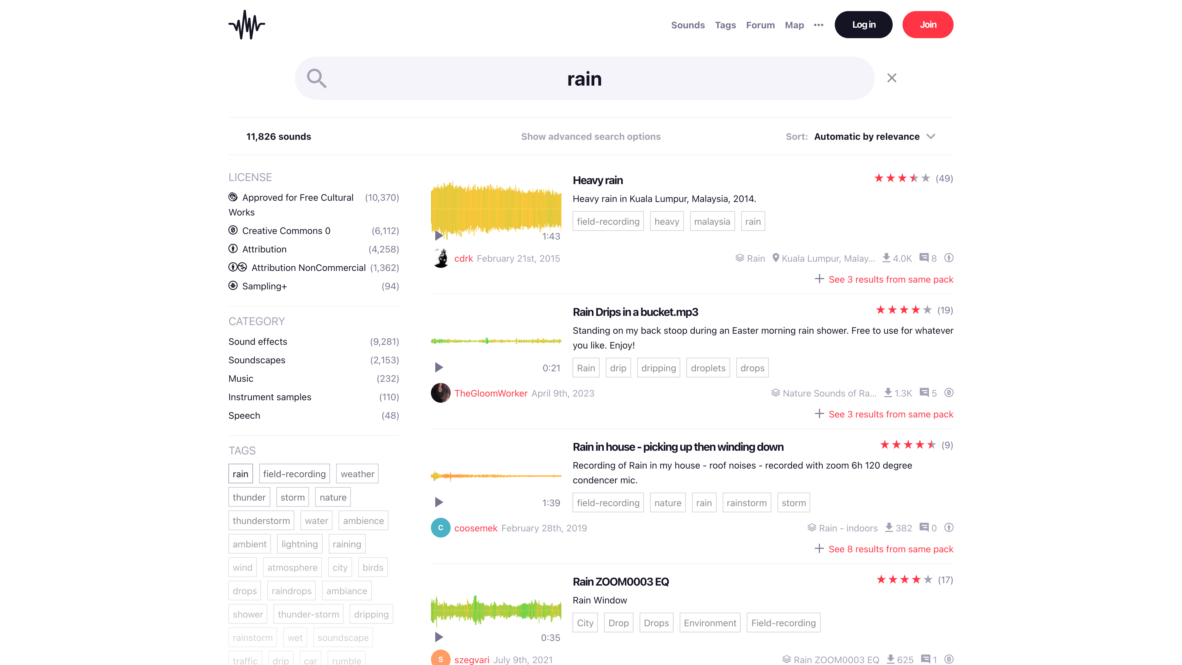 Search results for "rain": the left sidebar filters by license, category and tags