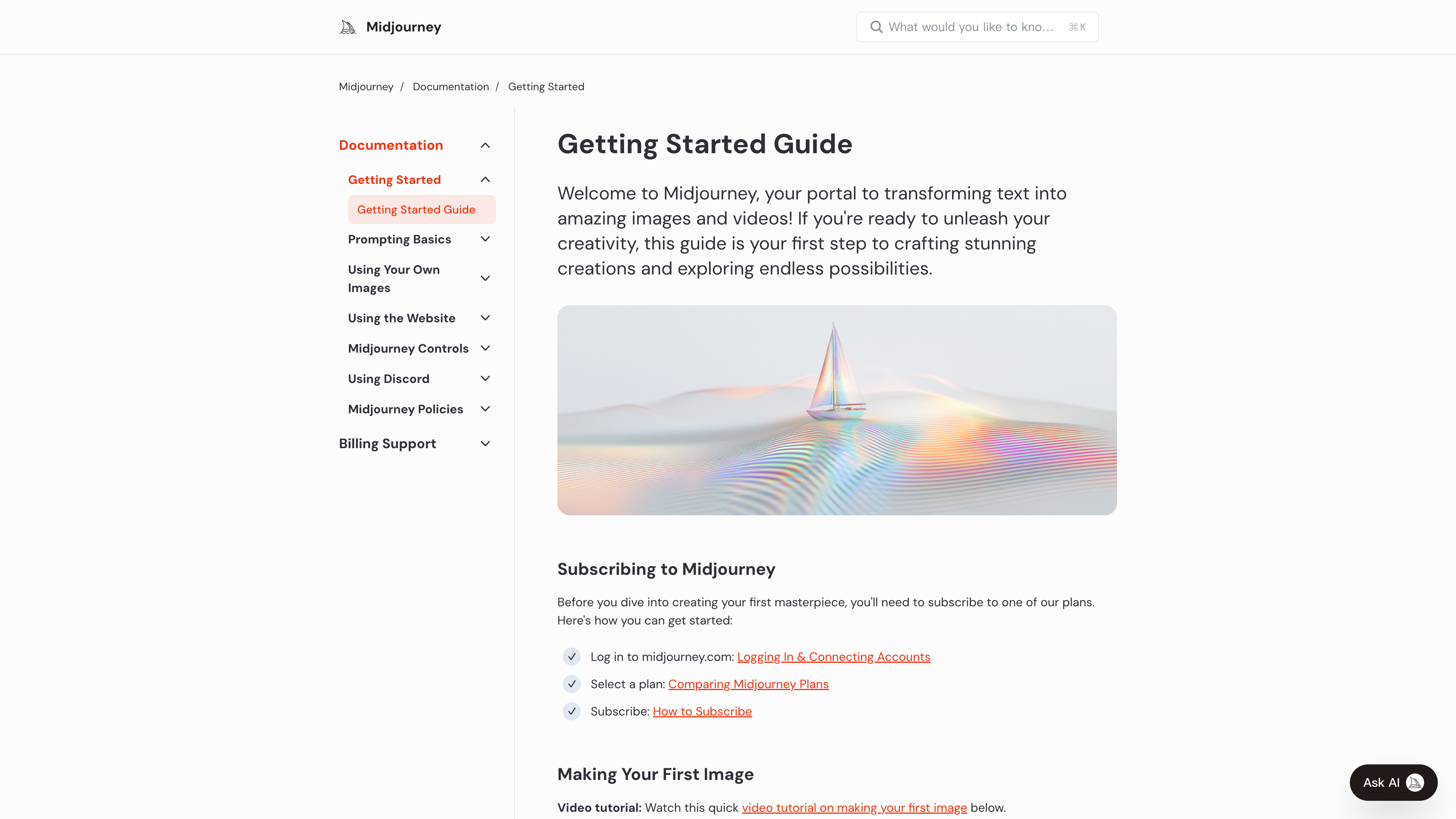 The Getting Started Guide in Midjourney's help center, covering subscribing, first image, and personalization