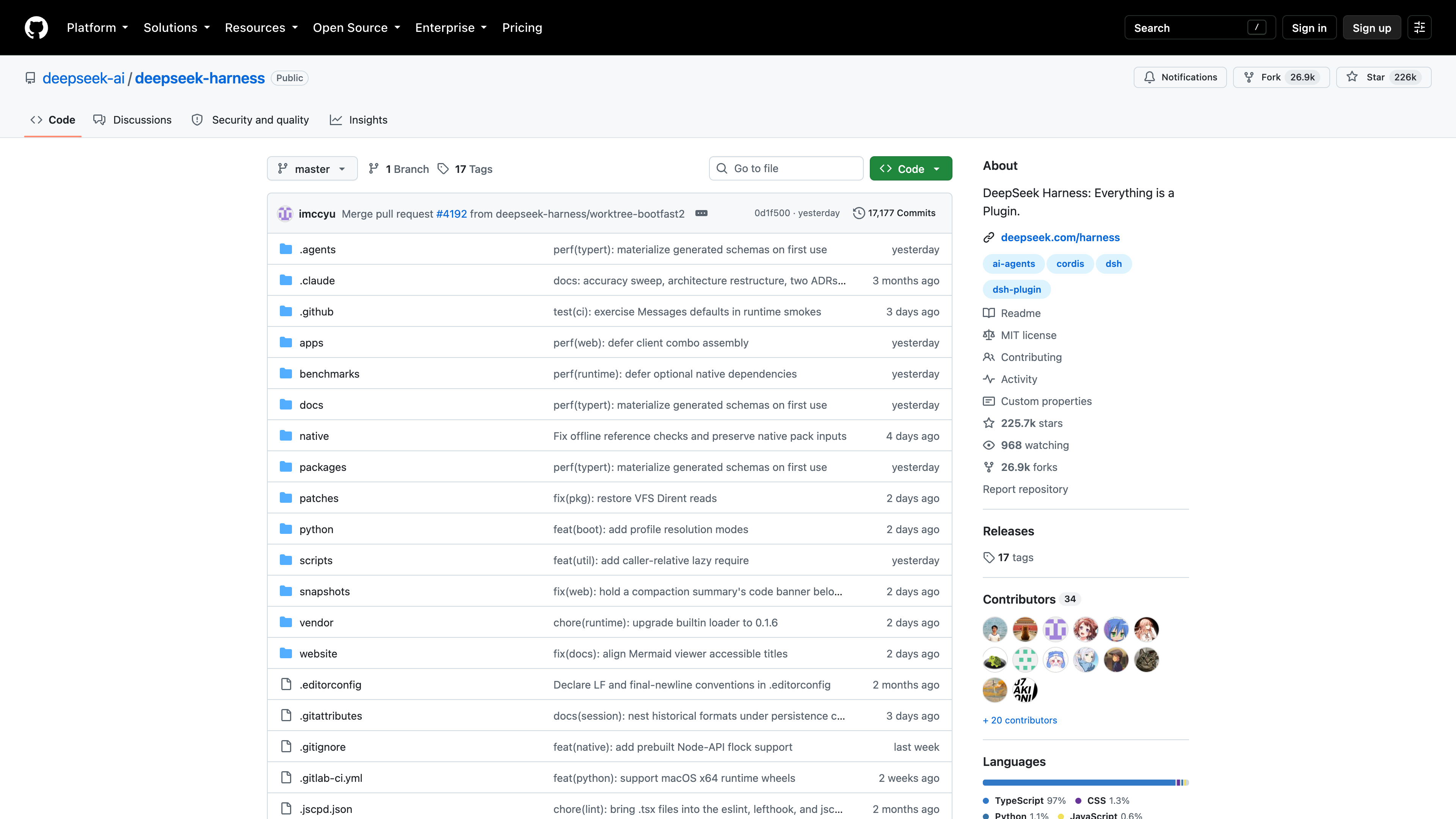 The deepseek-ai/deepseek-harness repository: MIT license, mostly TypeScript, about 225.7k stars and 26.9k forks as of 2026-09-16