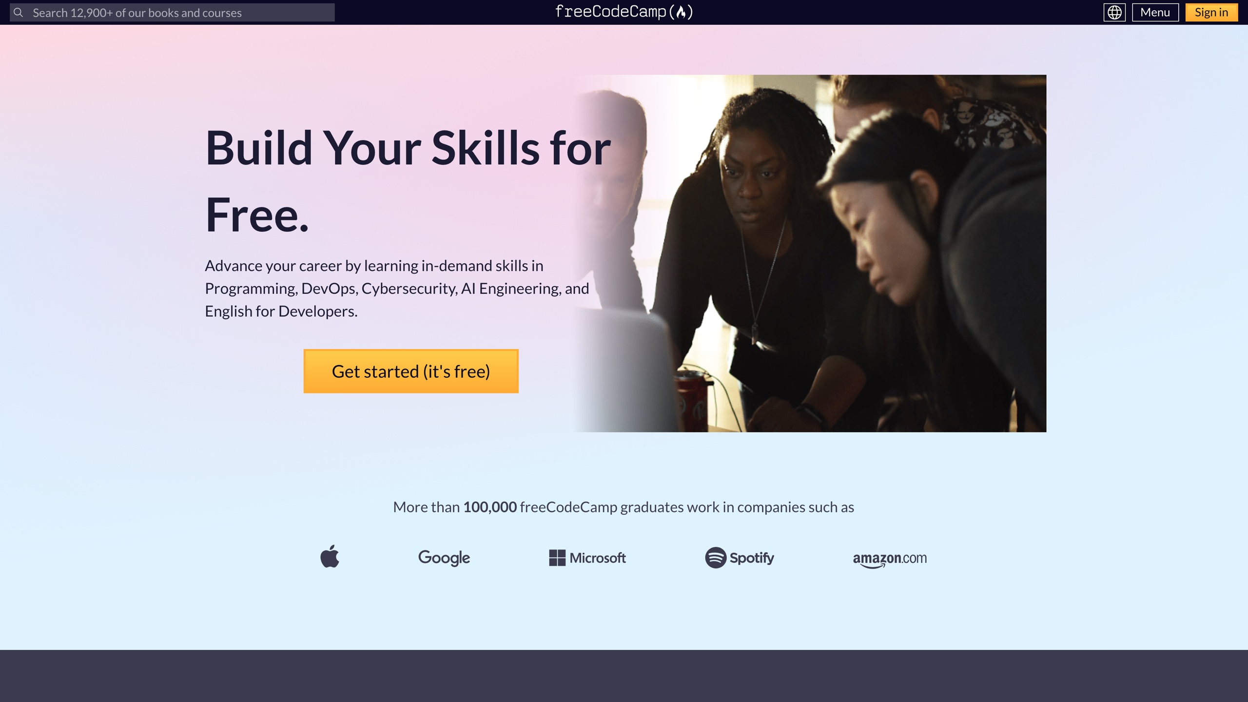 The freeCodeCamp homepage: "Build Your Skills for Free," with companies listed as graduate employers