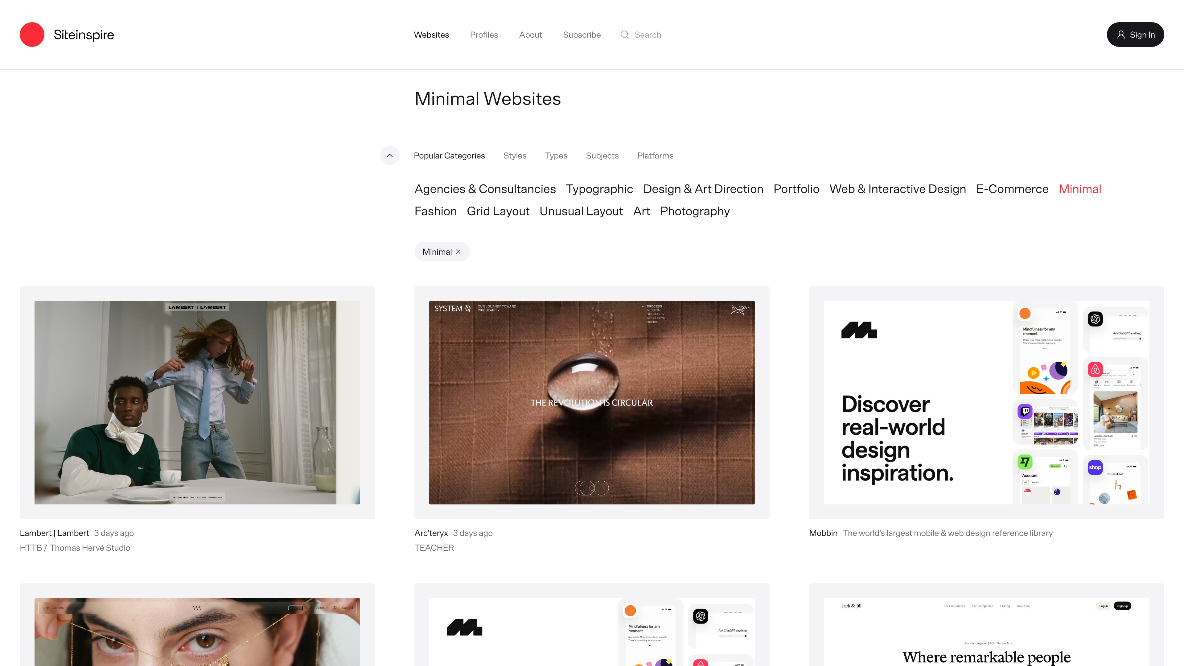 The Minimal category page: four filter dimensions and popular categories at the top, with the active Minimal filter shown as a chip