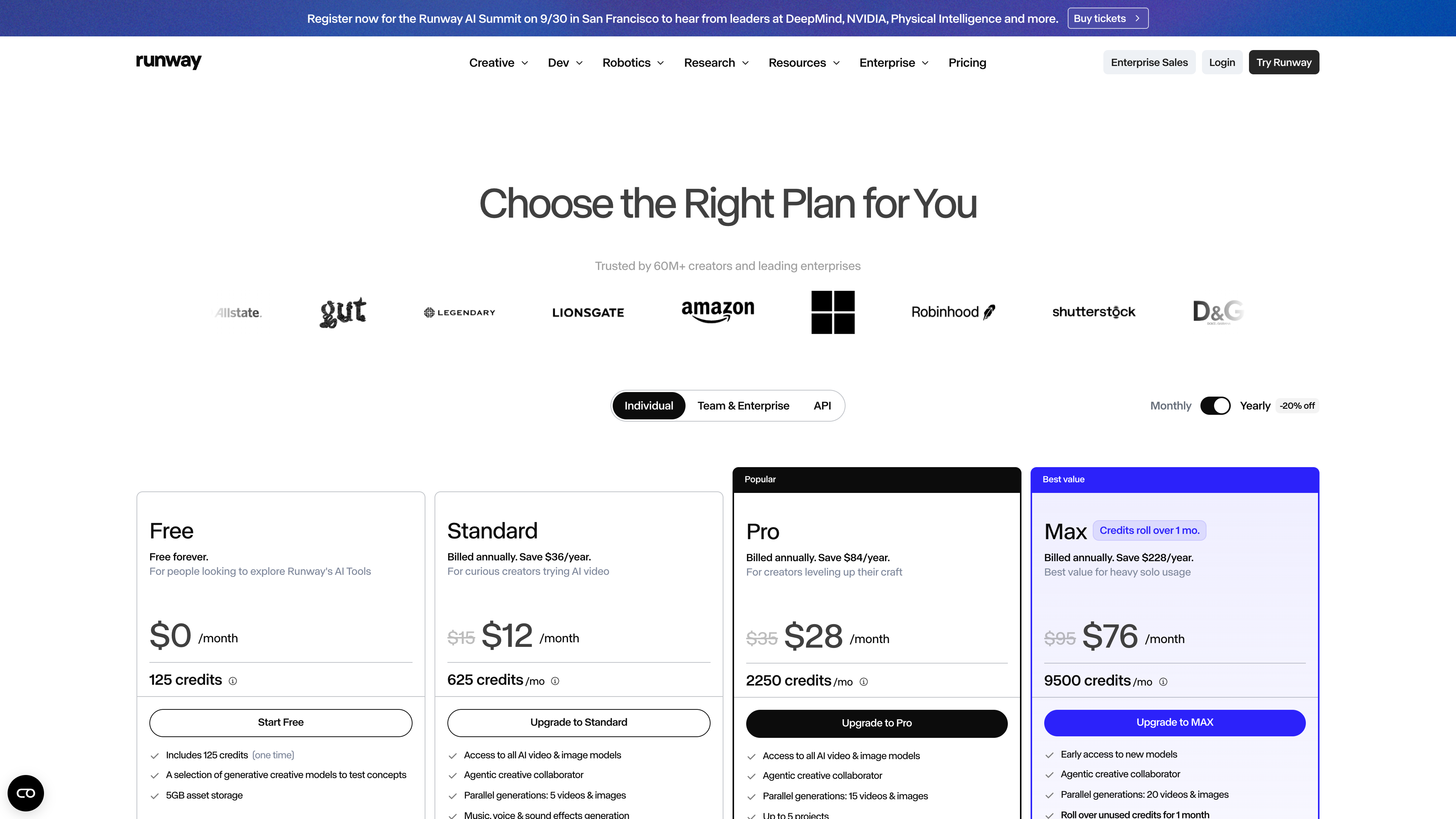 The Runway pricing page showing the four tiers: Free, Standard, Pro and Max at $0/$12/$28/$76 per month billed annually