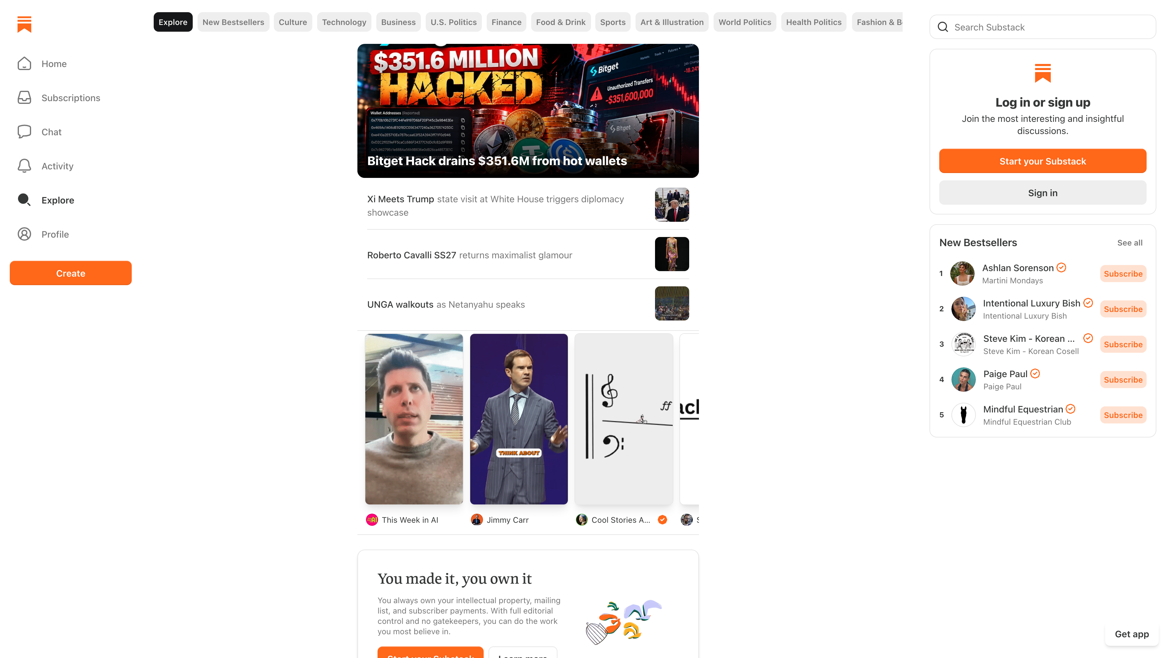 Substack's Explore page — category tabs across the top, a feed of trending posts, and a 'New Bestsellers' leaderboard with Subscribe buttons