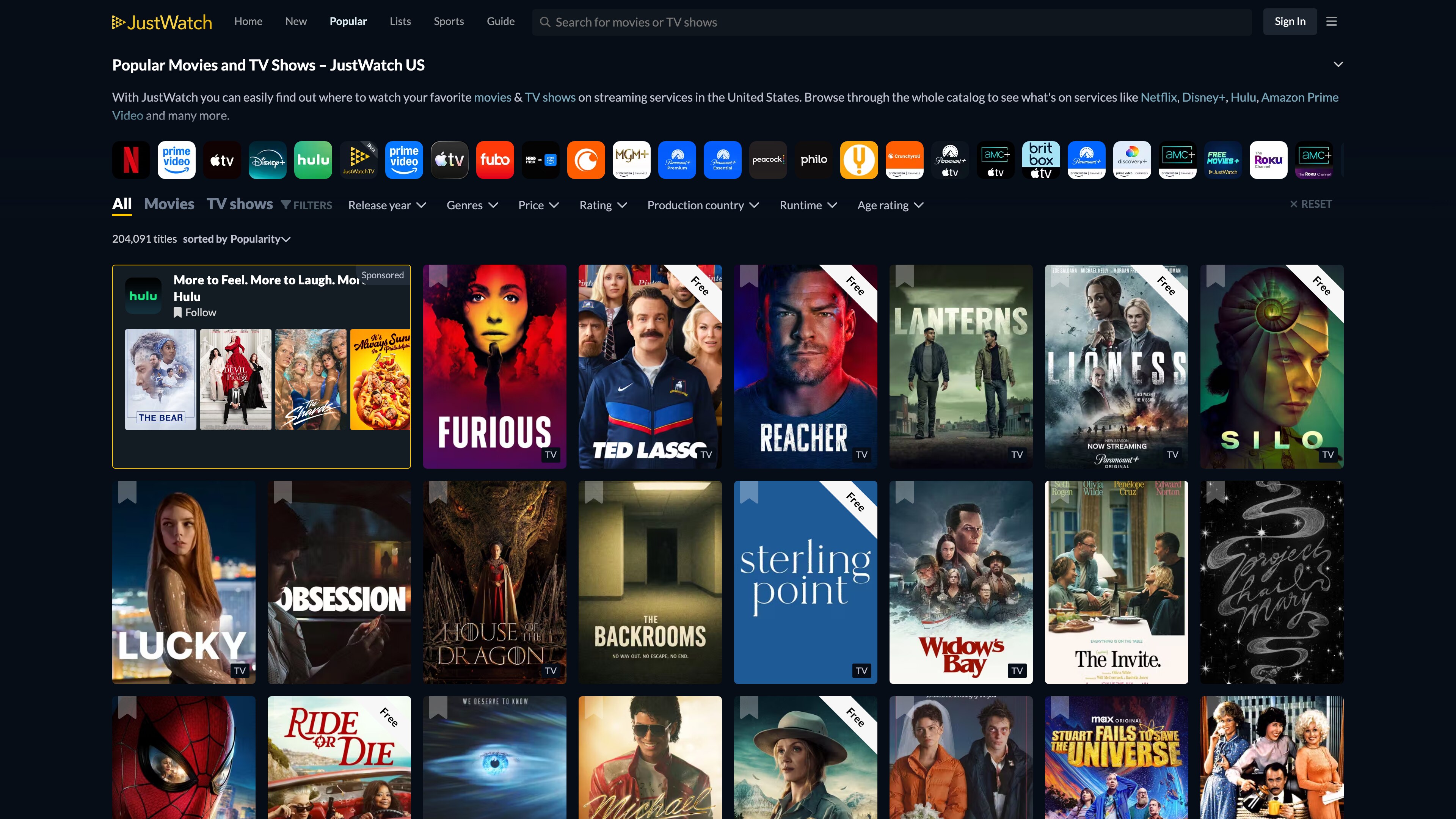 The JustWatch US homepage: a row of provider icons, filters, and a catalog sorted by popularity
