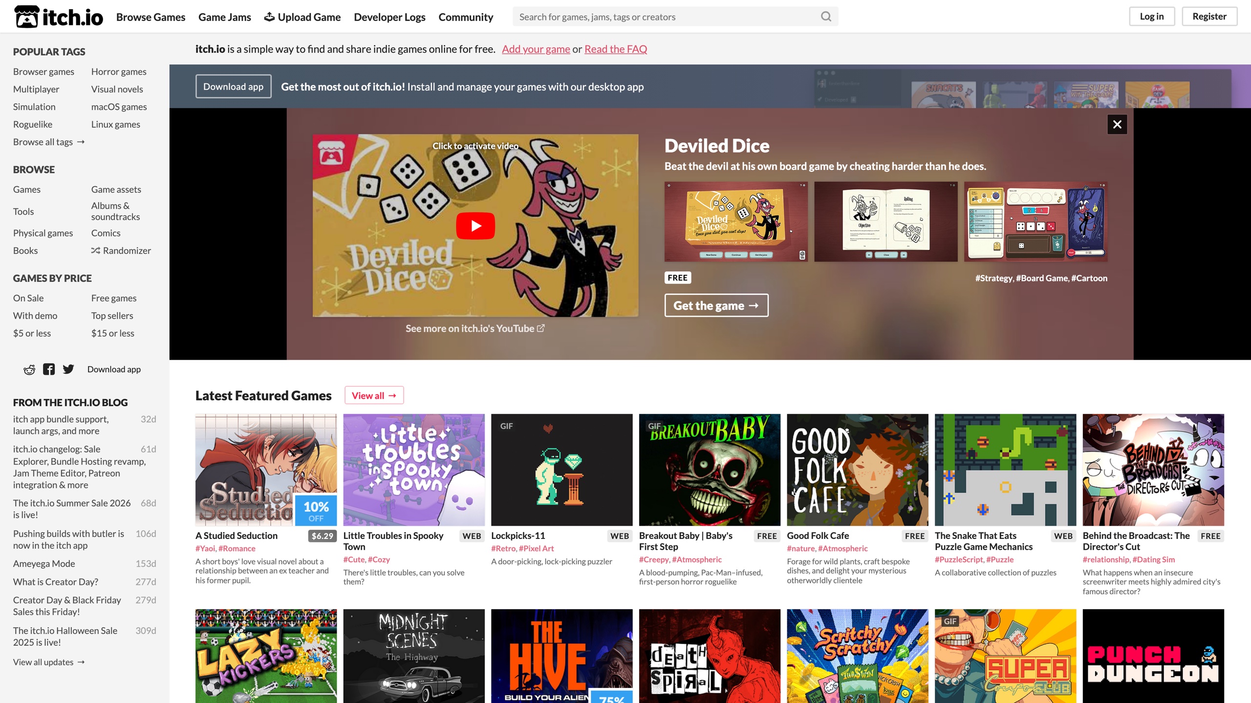 The itch.io homepage: a featured-game banner above the latest featured releases