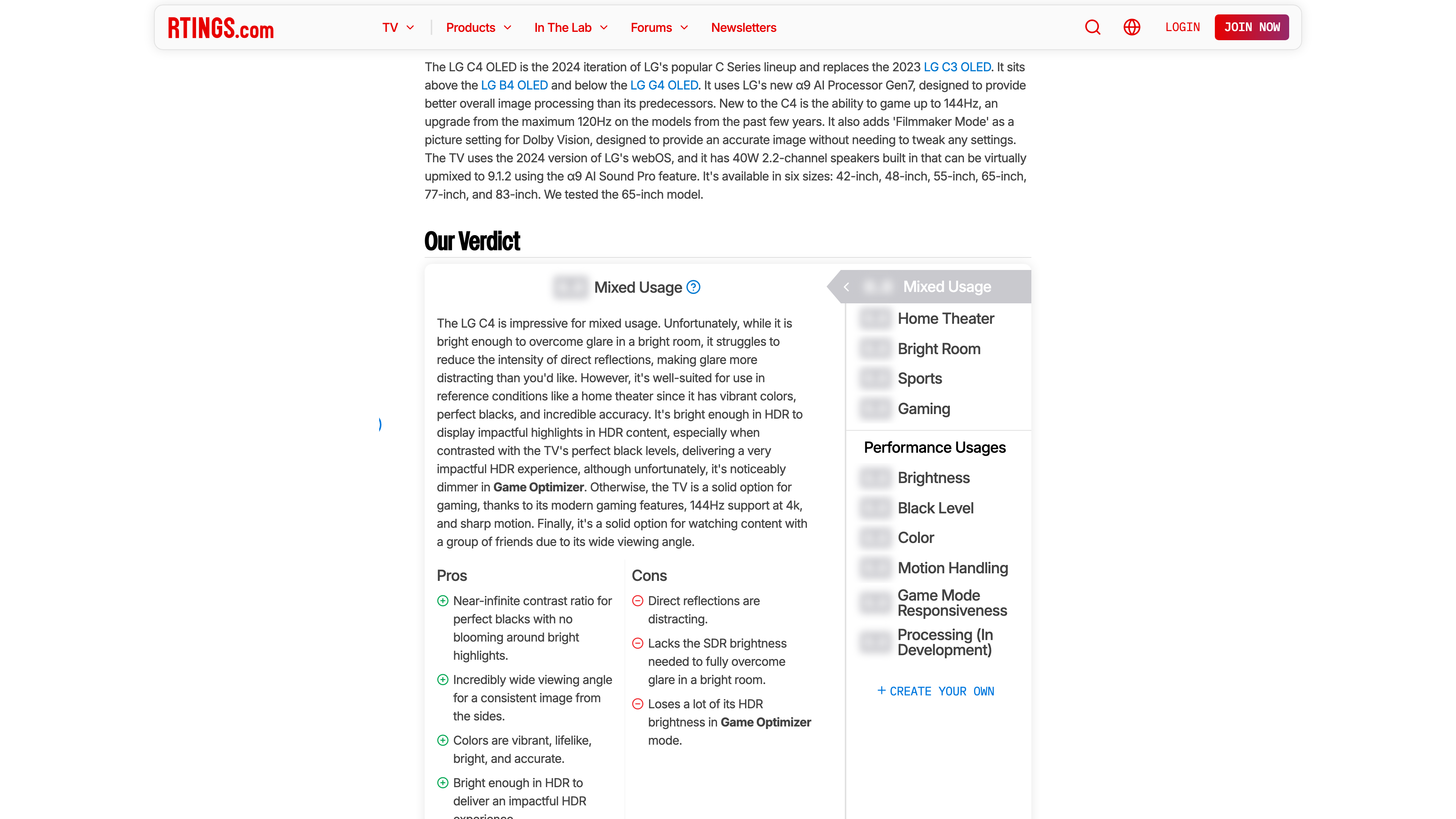 The Our Verdict section of the LG C4 OLED review: text and pros/cons are free to read, while score boxes are blurred for non-members