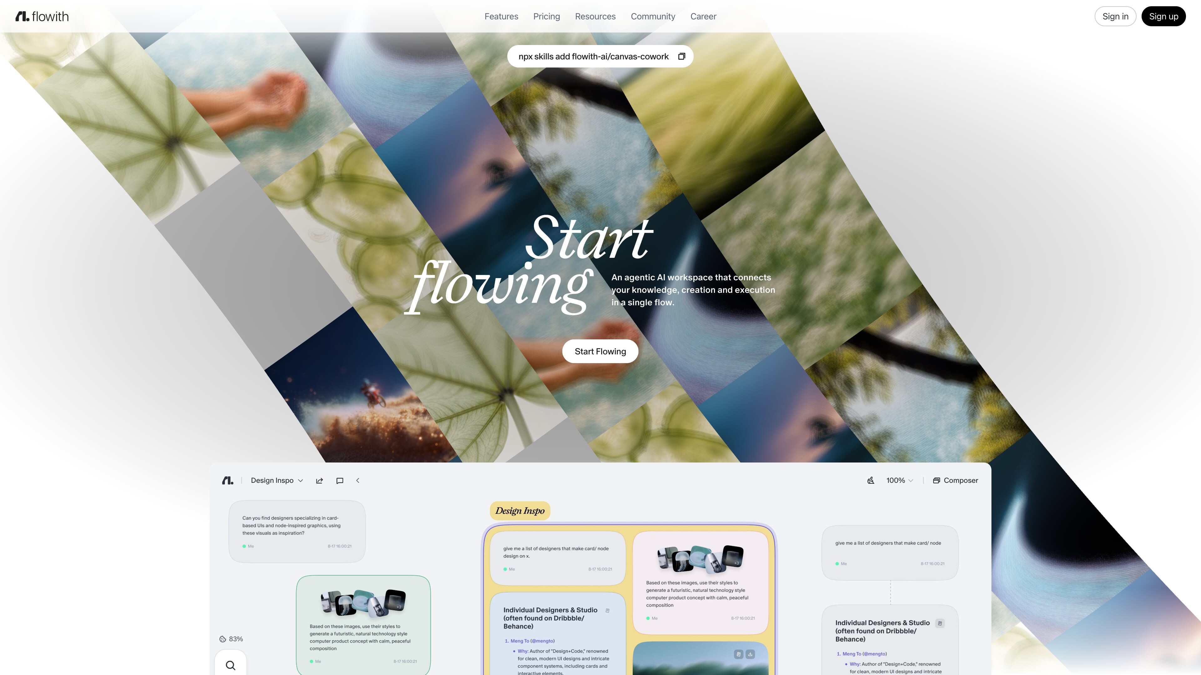 The Flowith homepage: the “Start flowing” hero above a live canvas demo
