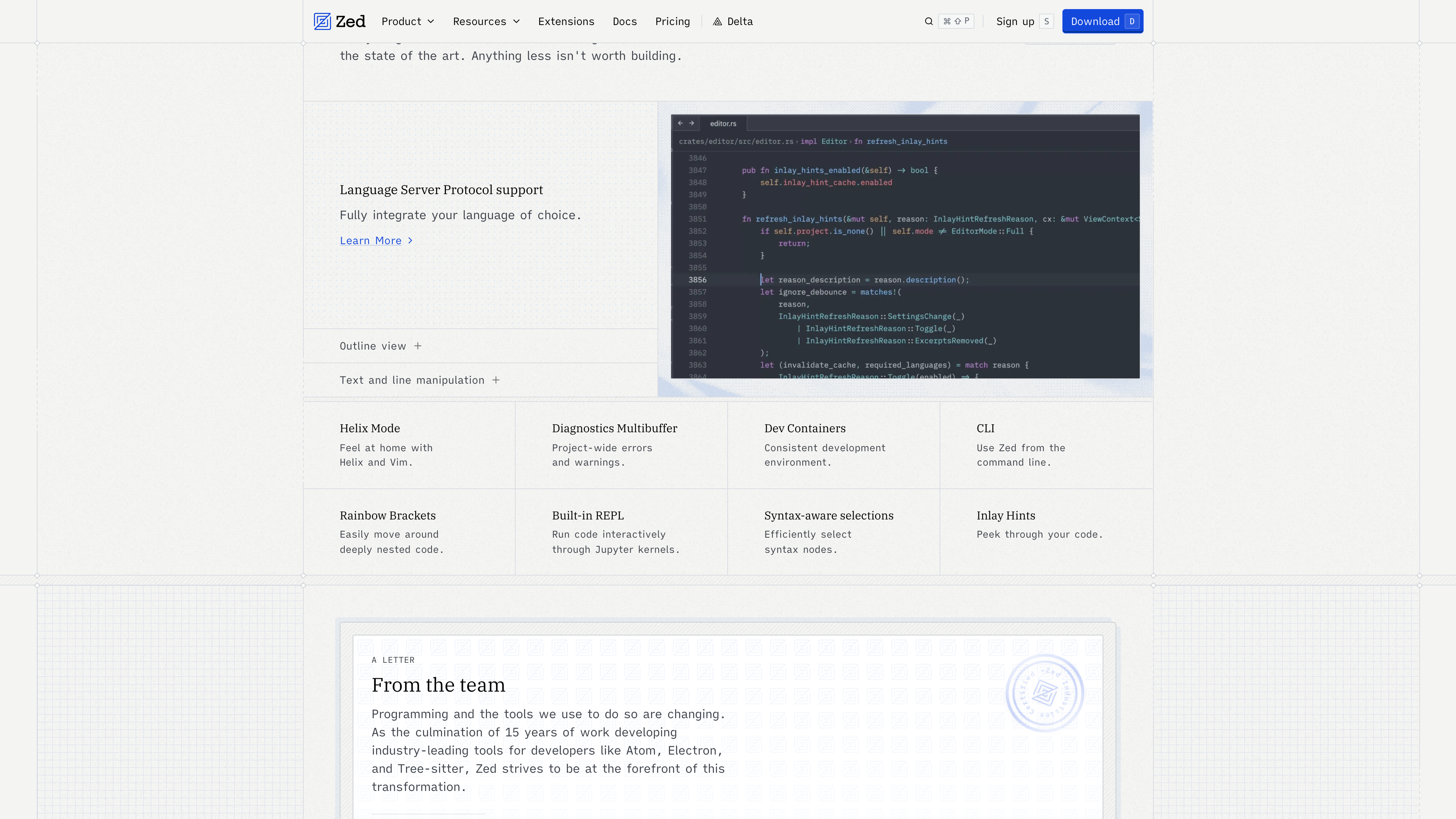 Zed's feature grid on the homepage: LSP support, Helix Mode, Diagnostics Multibuffer, Dev Containers, CLI, Rainbow Brackets, built-in REPL, syntax-aware selections, and Inlay Hints