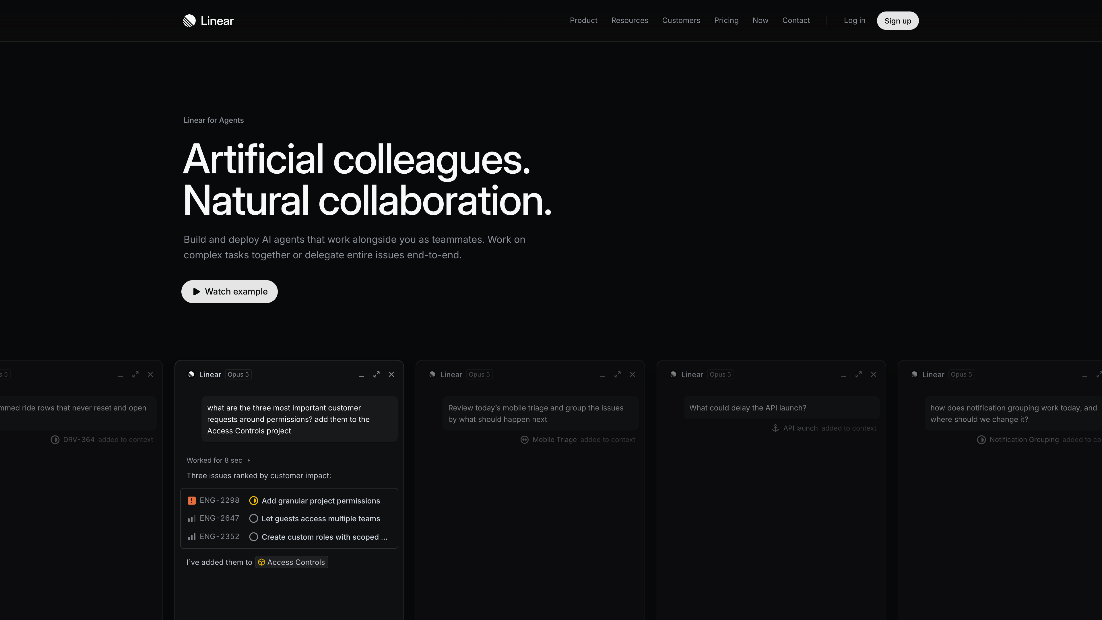 The Linear for Agents page: “Artificial colleagues. Natural collaboration.,” above a demo of conversational collaboration with Linear Agent