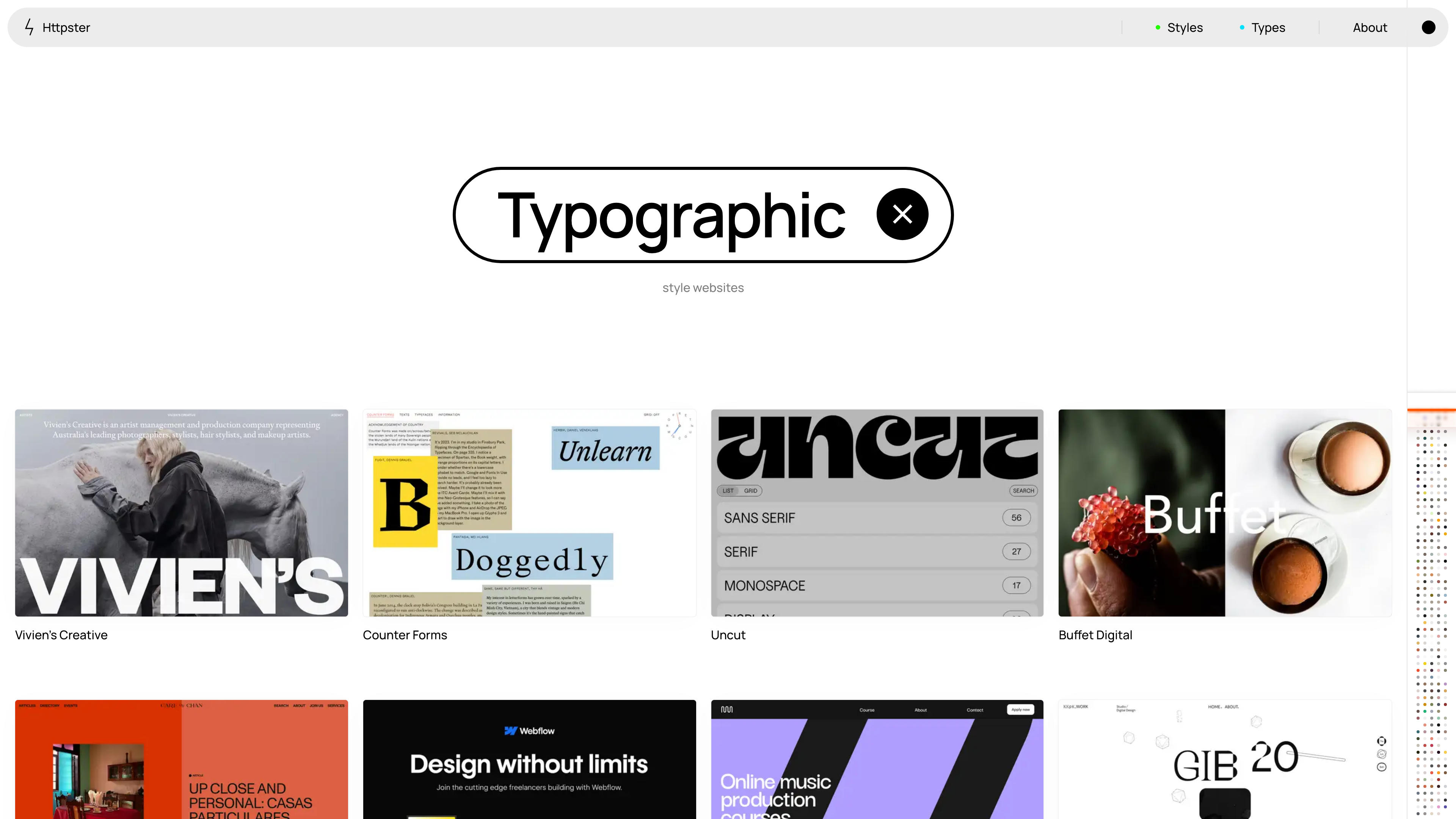 The Typographic style page: tag badge and filtered grid