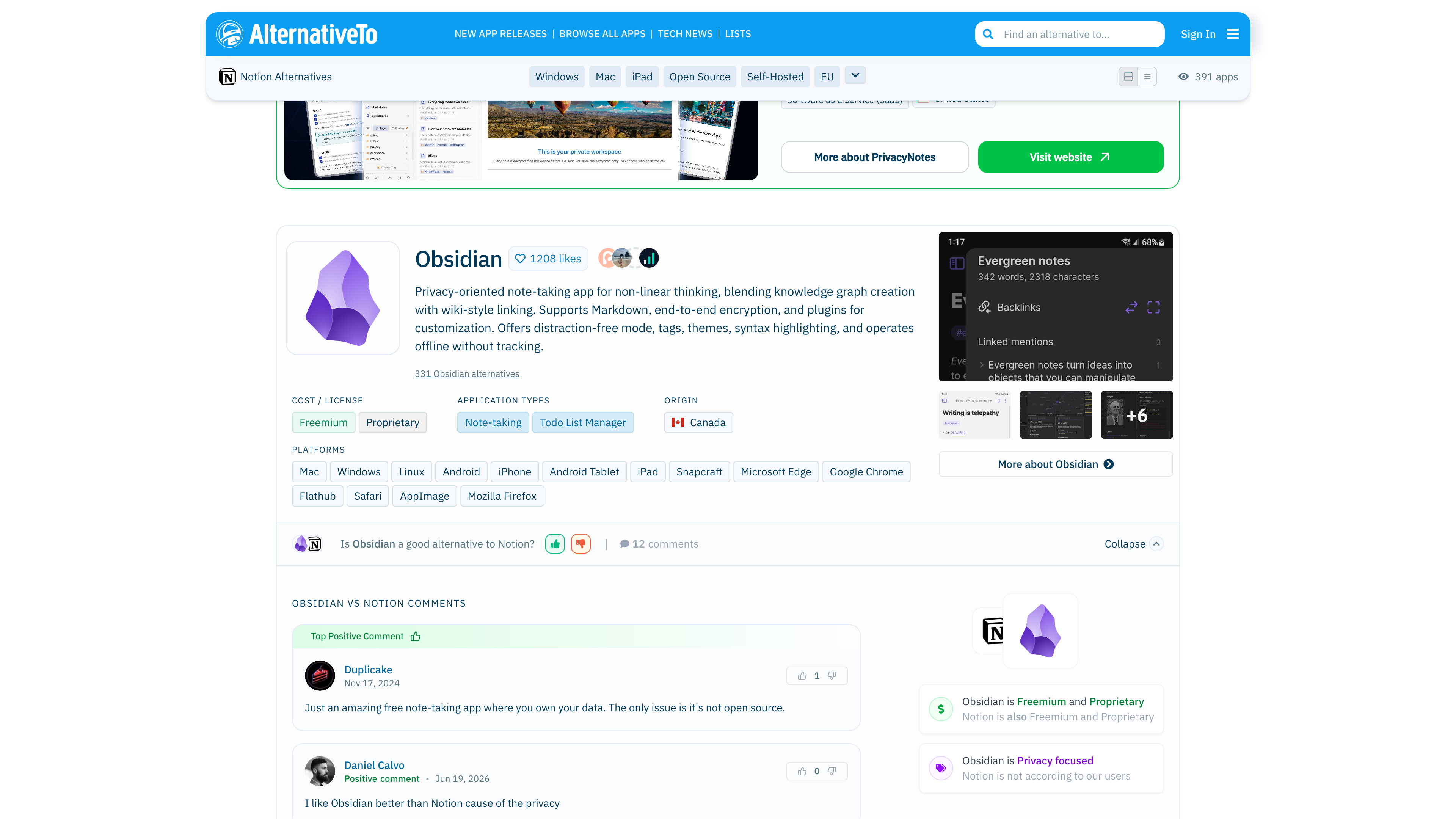 The Obsidian entry: license, platforms, origin, the alternative-voting widget and auto-generated comparisons