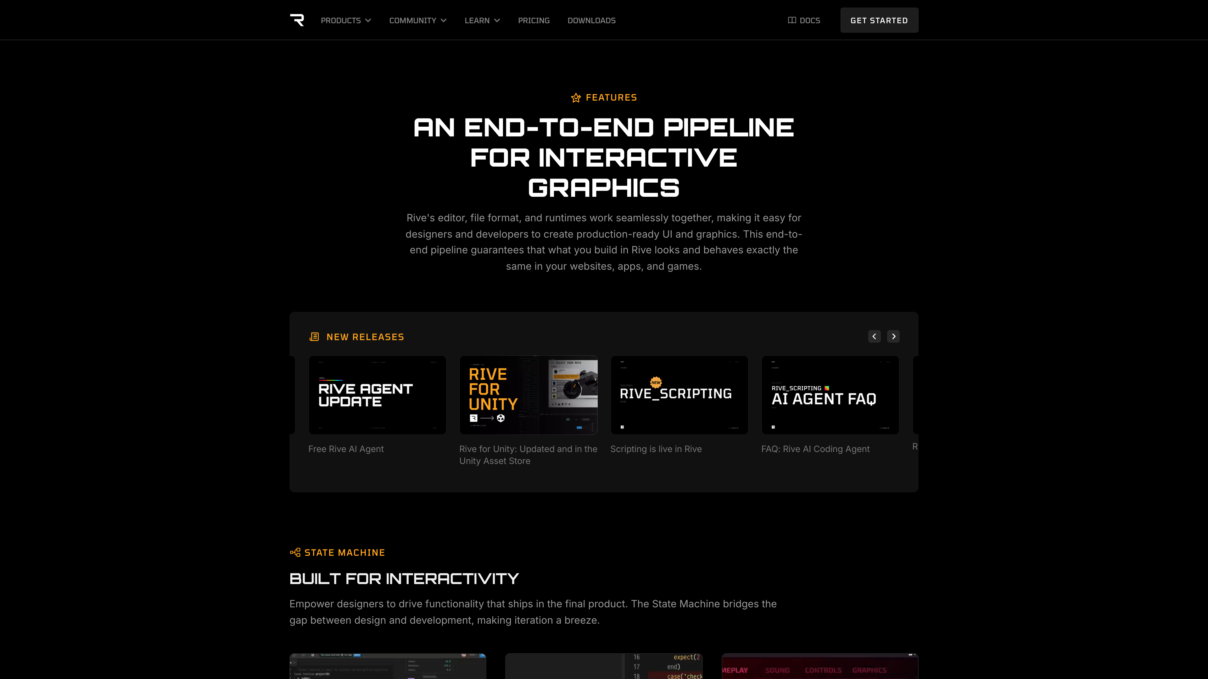 The Rive features page: an end-to-end pipeline uniting editor, file format, and runtimes, plus the state machine and new-release entries