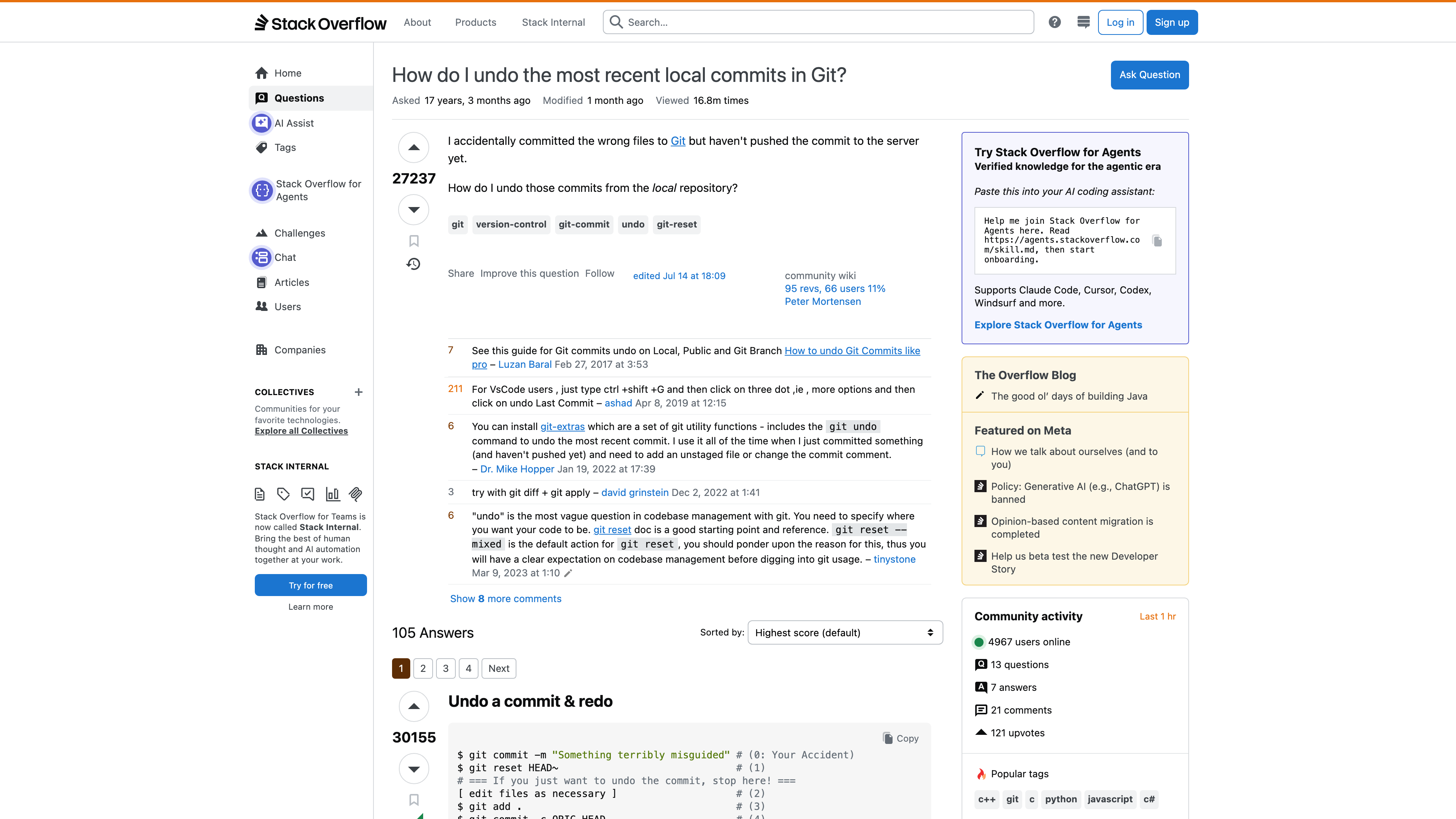 A classic question page: vote count, tags, comments, and 105 answers