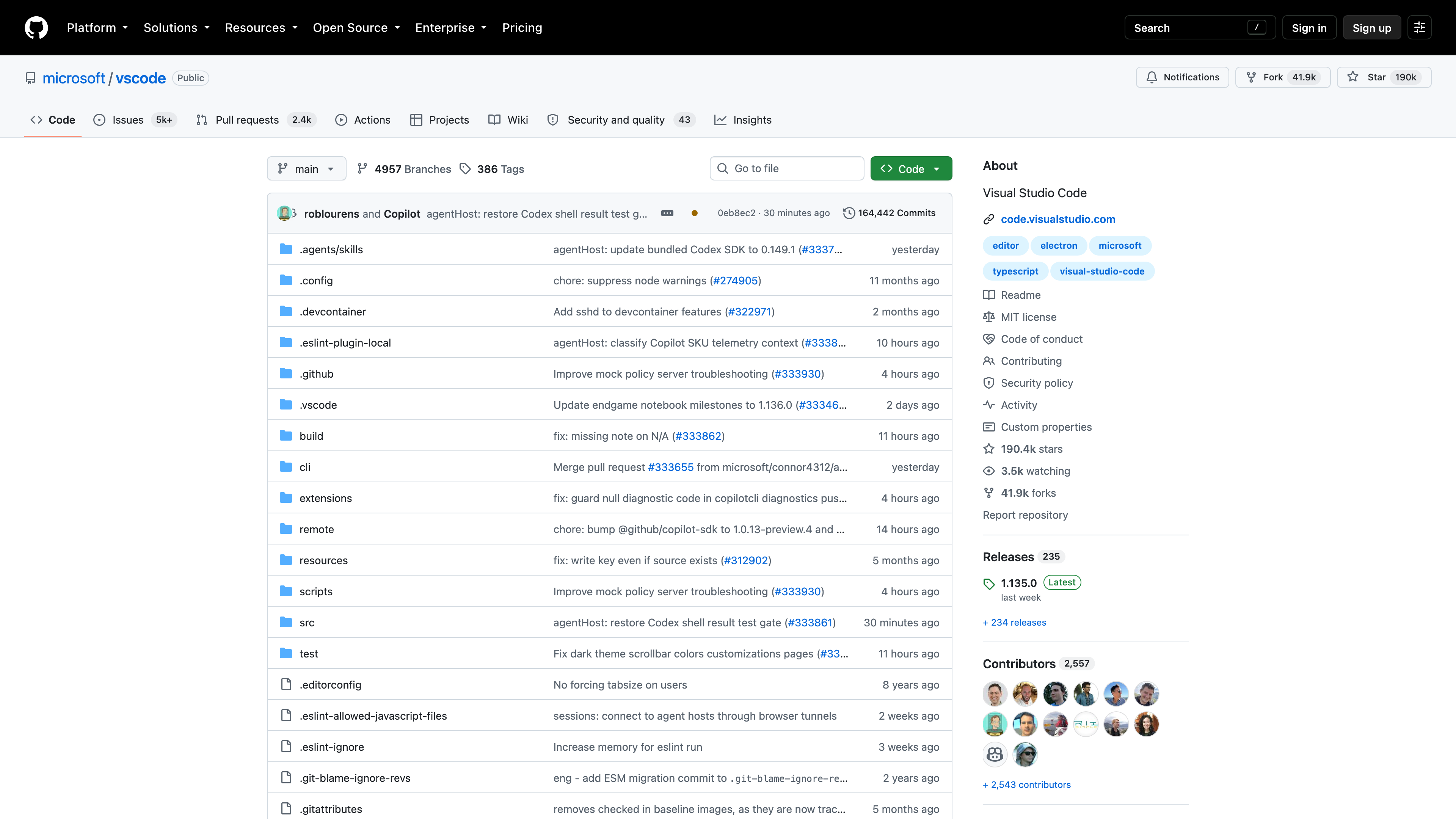 The microsoft/vscode repository page: file listing, About panel, star and fork counts