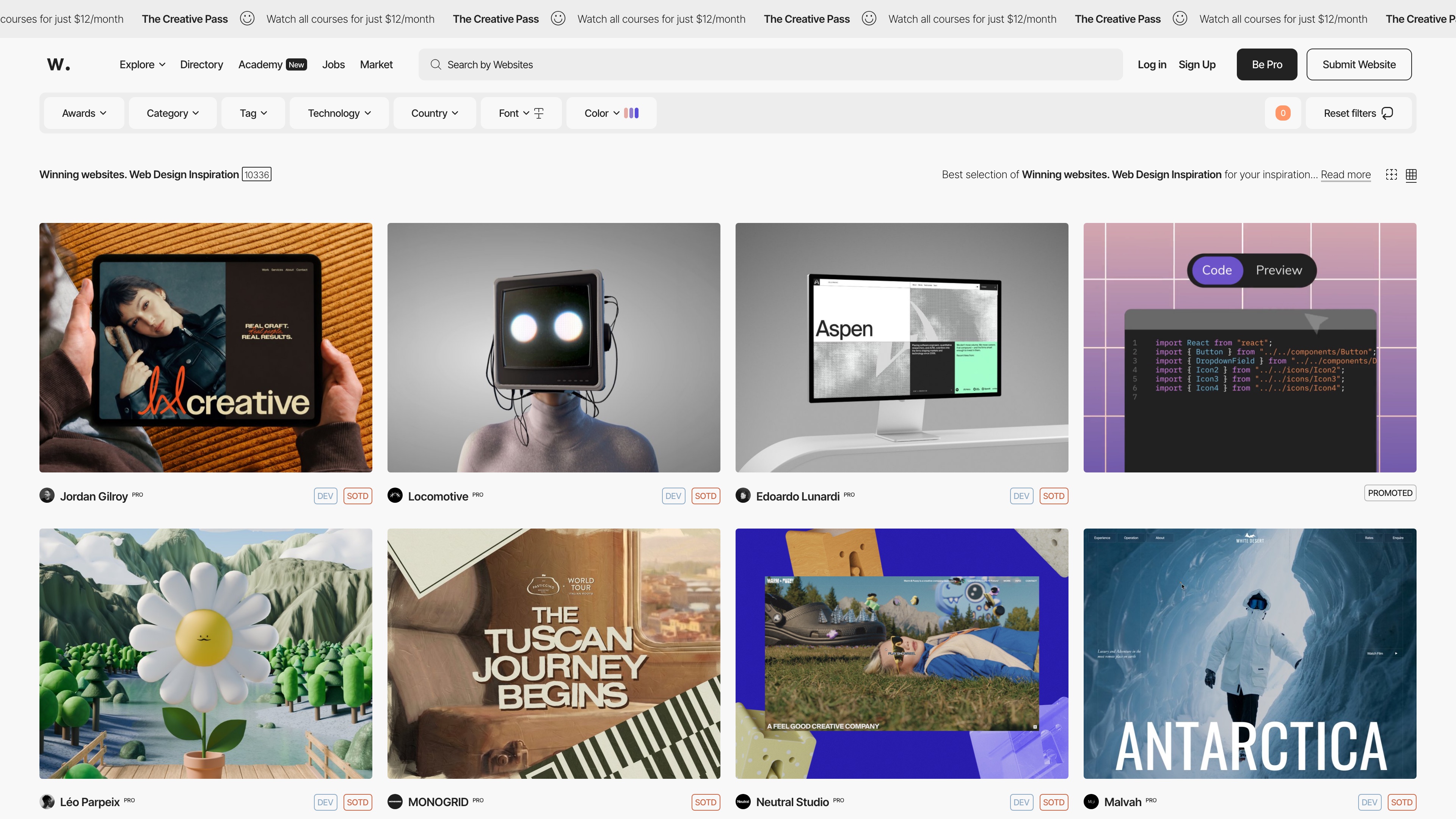 The Awwwards winners gallery and its filters